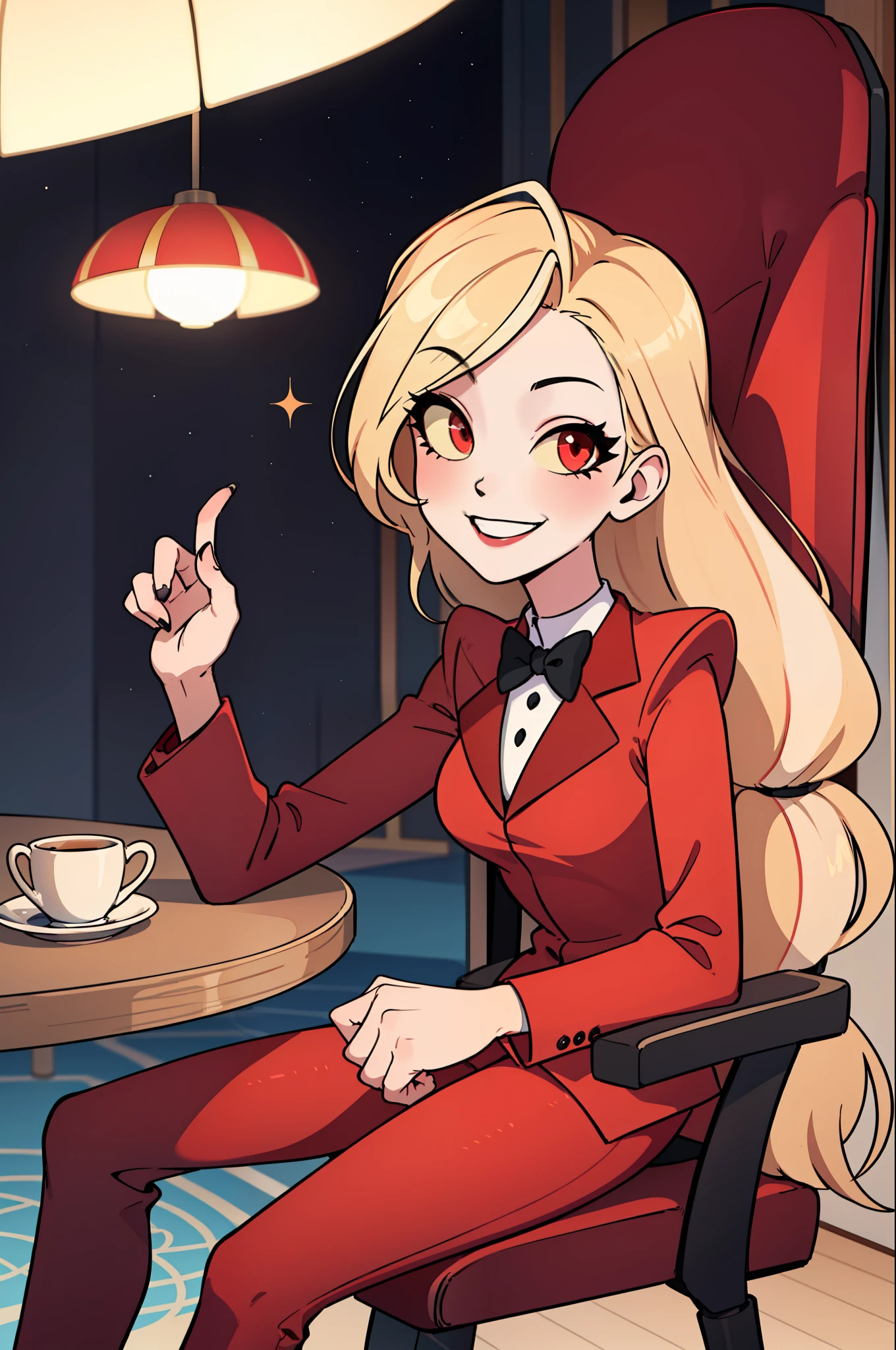 (masterpiece, best quality:1.2), solo, 1girl, charlie morningstar, smile, looking at viewer, sitting in an armrest chair, long hair, red suit, red pants, hotel