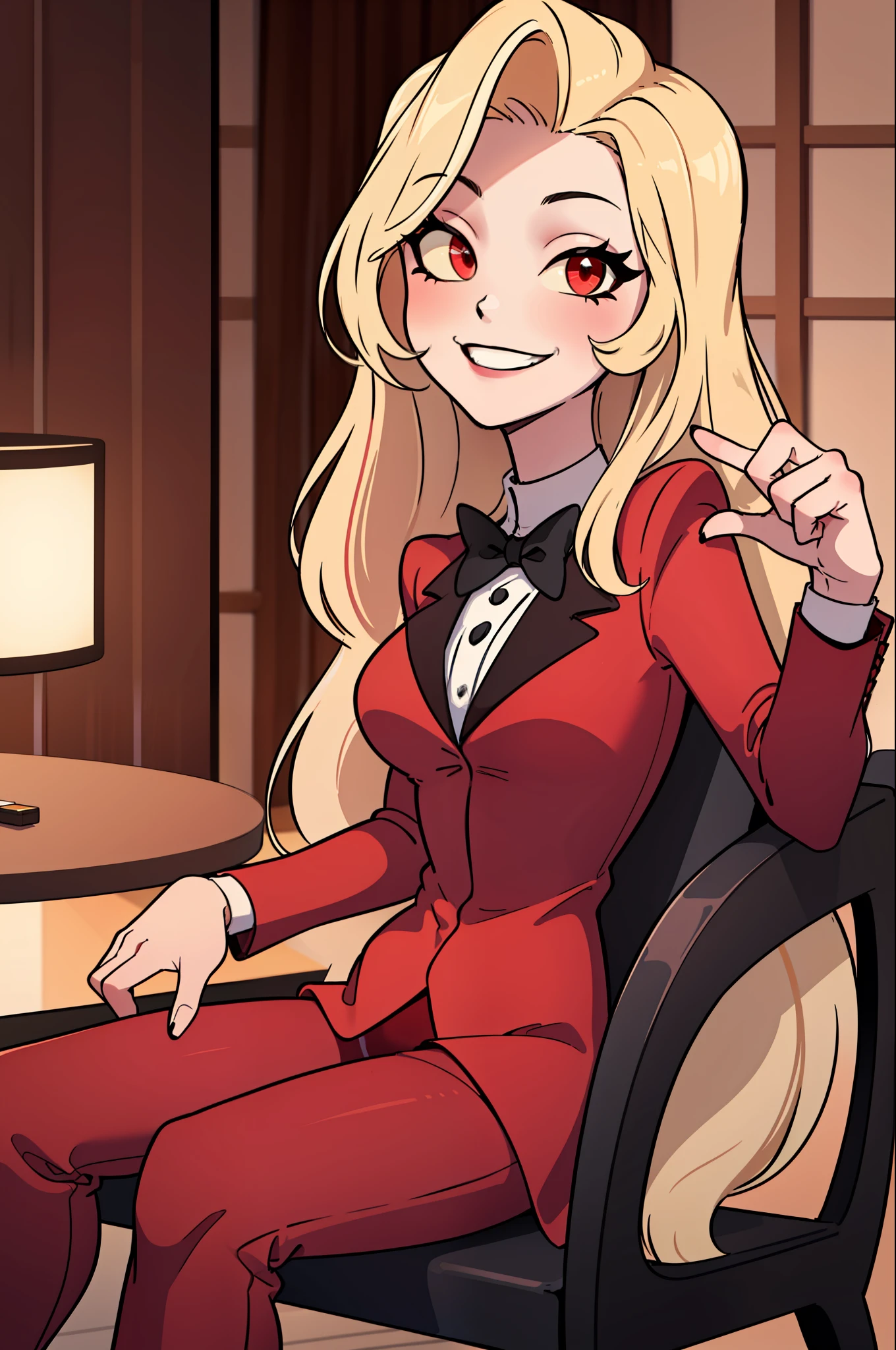 (masterpiece, best quality:1.2), solo, 1girl, charlie morningstar, smile, looking at viewer, sitting in an armrest chair, long hair, red suit, red pants, hotel