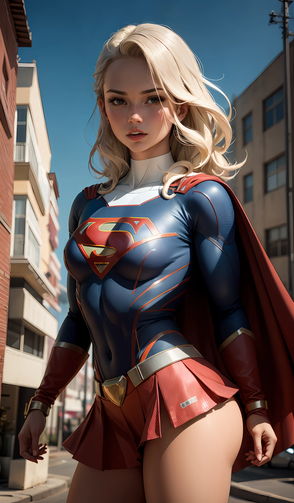 4k, realista, charismatic, muito detalhe, There's a girl at the top of town, vestindo o figurino da Supergirl, She's a super girl, white superhero theme, cabelo longo loiro, 25 anos, corpo inteiro