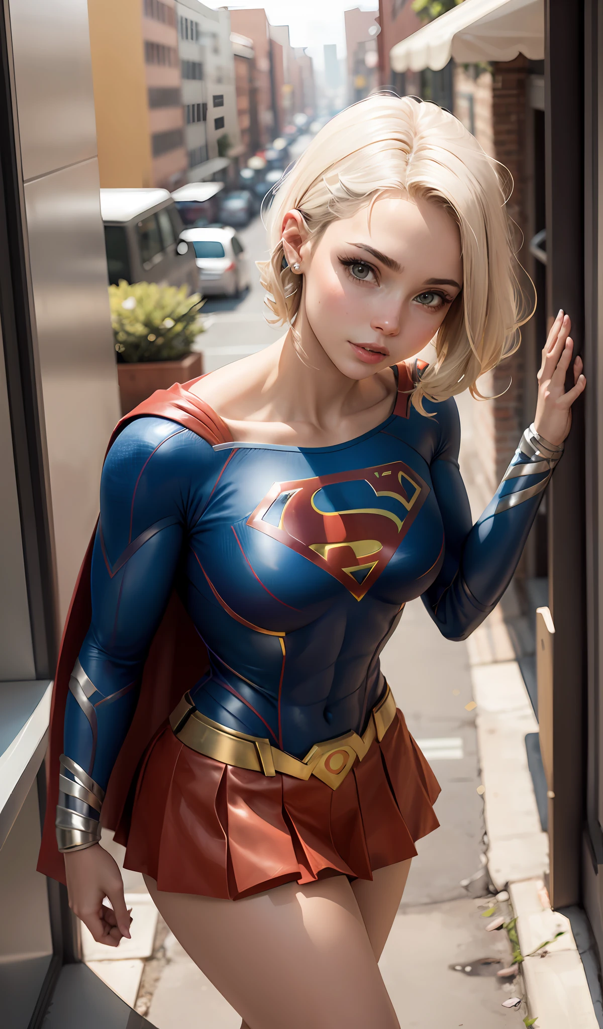 4k, realista, charismatic, muito detalhe, There's a girl at the top of town, vestindo o figurino da Supergirl, She's a super girl, white superhero theme, cabelo longo loiro, 25 anos, corpo inteiro