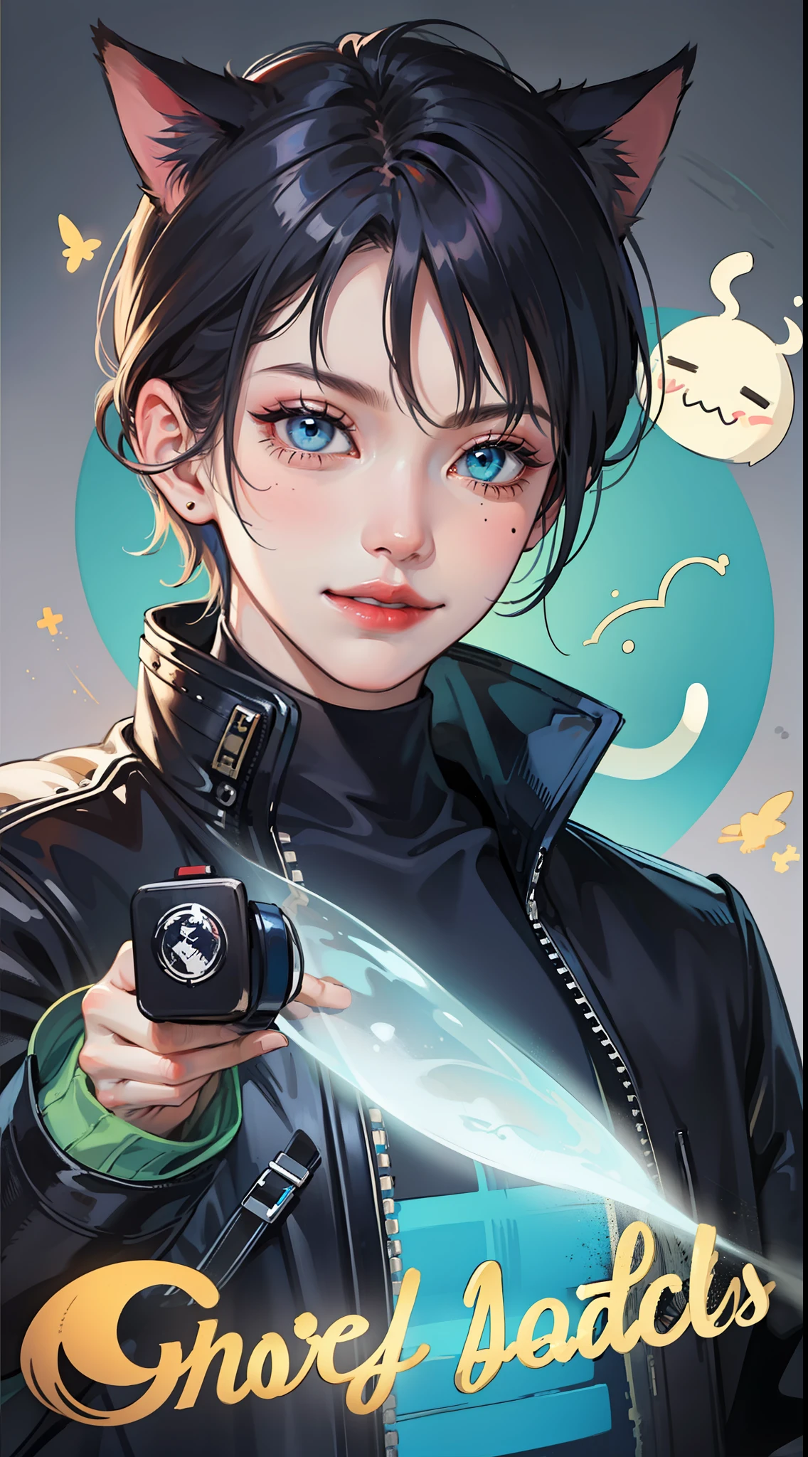Young guy, Short dark blue hair, Cyan eyes, cat ears, leather jacket, a smile, Ghost Rider, Masterpiece, highly quality