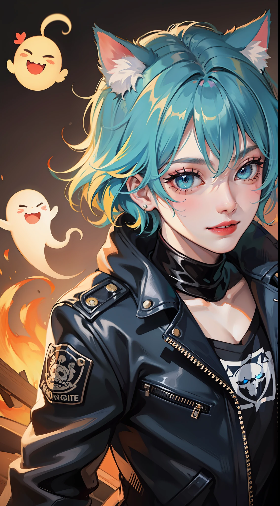 Young guy, Short dark blue hair, Cyan eyes, cat ears, leather jacket, a smile, Ghost Rider, Masterpiece, highly quality