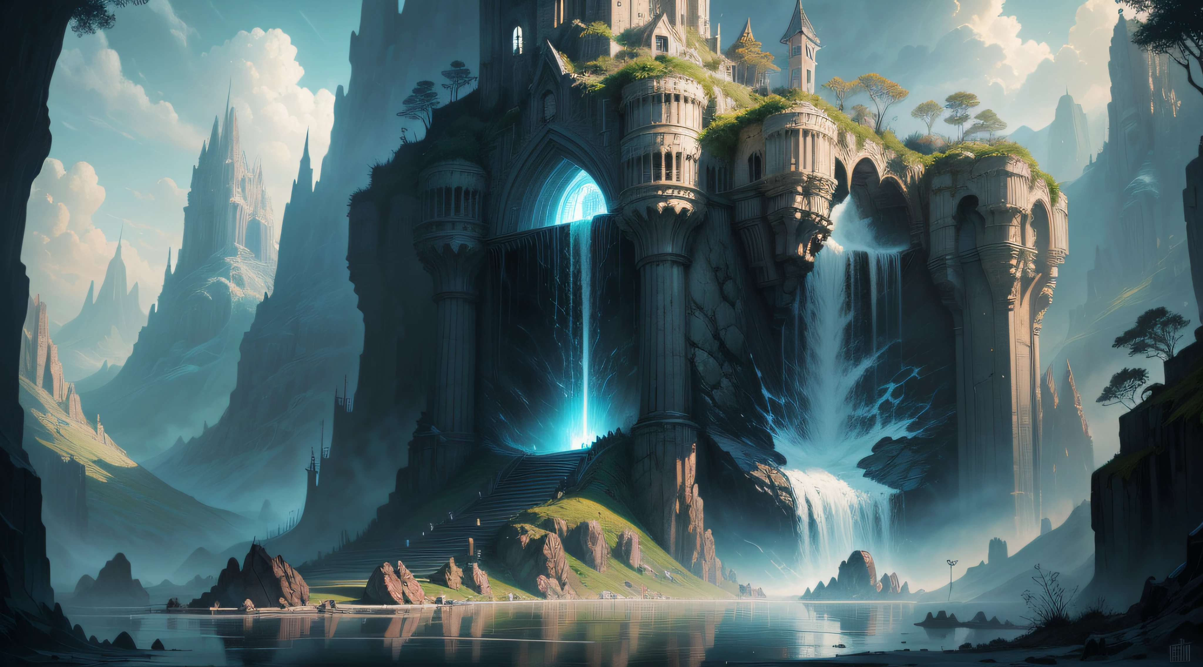 pintura de uma cabana na montanha com uma cachoeira e pagodes, Style of Art Digital of Epic Fantasy, cidade fortaleza de montanha, estilo andreas rocha, arte digital de fantasia de fantasia detalhada, Symmetrical Epic Fantasy Art, arte de fantasia 4k, castelo antigo cyberpunk, inspirado por Andreas Rocha, por Yang J, paisagem de fantasia impressionante, arte de fantasia detalhada, paisagem de arte de fantasia, arte de fantasia altamente detalhada, sky with clouds, sol,