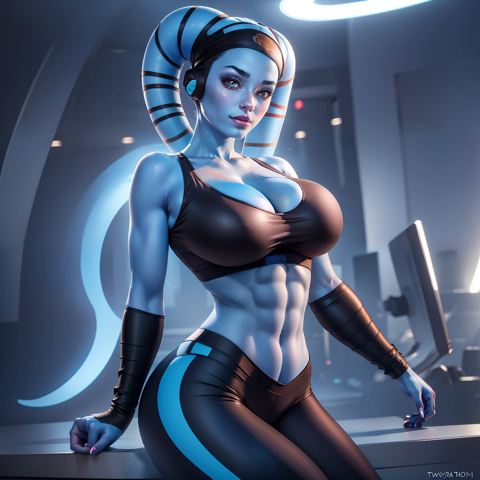blue skin, huge breasts, twi'lek, cleavage, thin, sports bra, leggings, huge breasts, ite