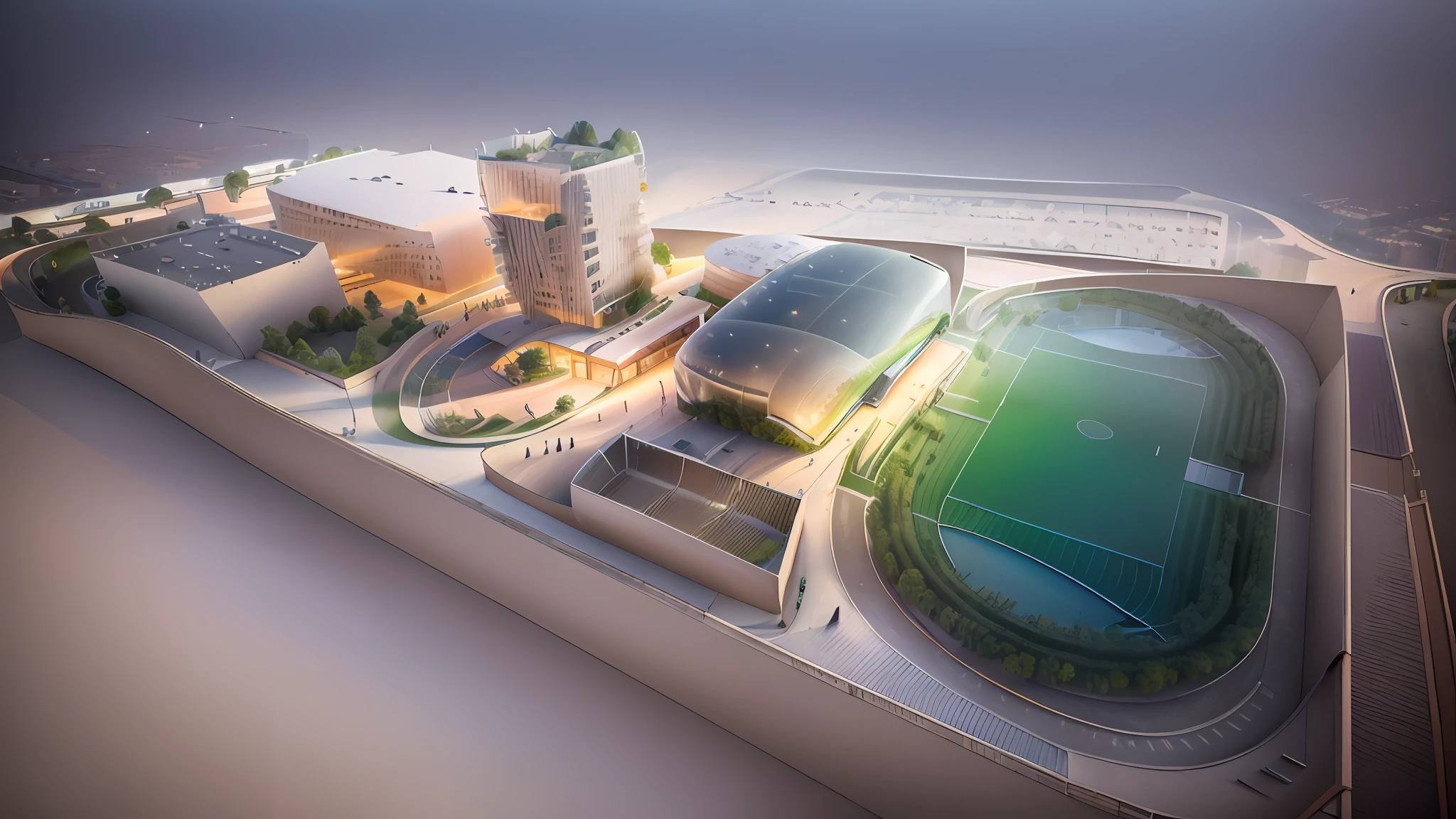 masterpiece,Rendering of the Sports Plaza complex,The Sports Plaza is located in the middle of the city,Fine architectural details,Light flows through the glass of the building,hyper detailed photo, HD photo effects,3D renderings