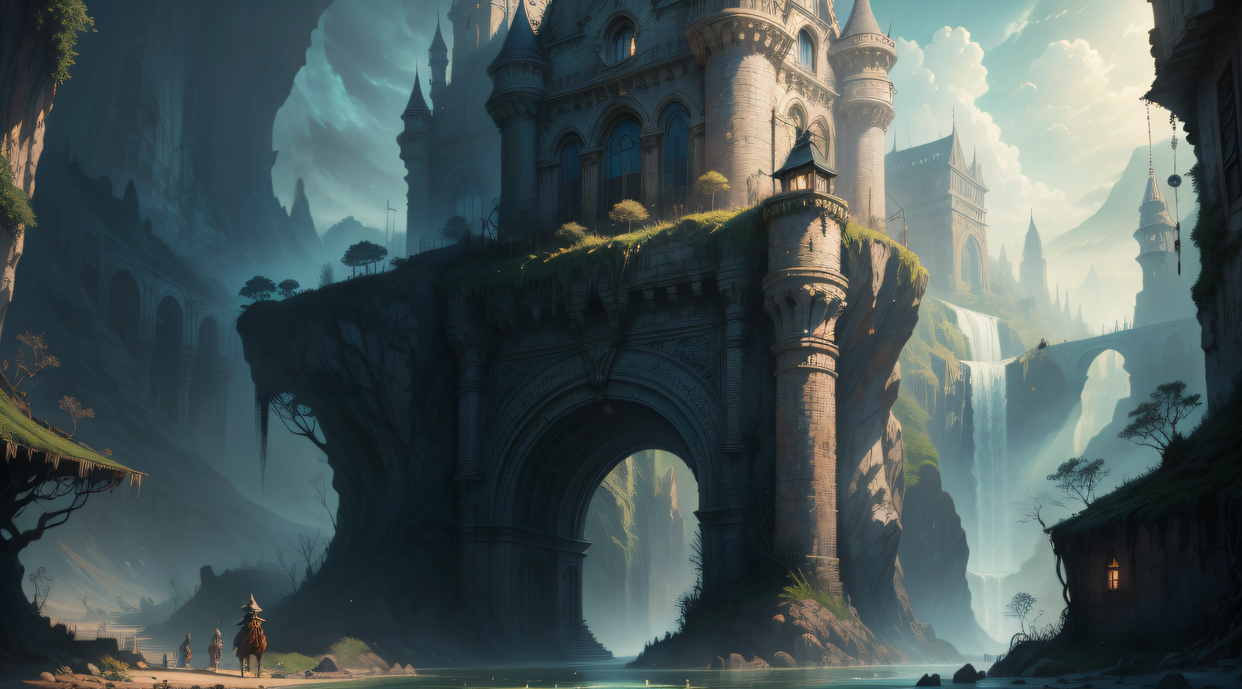 pintura de uma cabana na montanha com uma cachoeira e pagodes, Style of Art Digital of Epic Fantasy, cidade fortaleza de montanha, estilo andreas rocha, arte digital de fantasia de fantasia detalhada, Symmetrical Epic Fantasy Art, arte de fantasia 4k, castelo antigo cyberpunk, inspirado por Andreas Rocha, por Yang J, paisagem de fantasia impressionante, arte de fantasia detalhada, paisagem de arte de fantasia, arte de fantasia altamente detalhada, sky with clouds, sol,