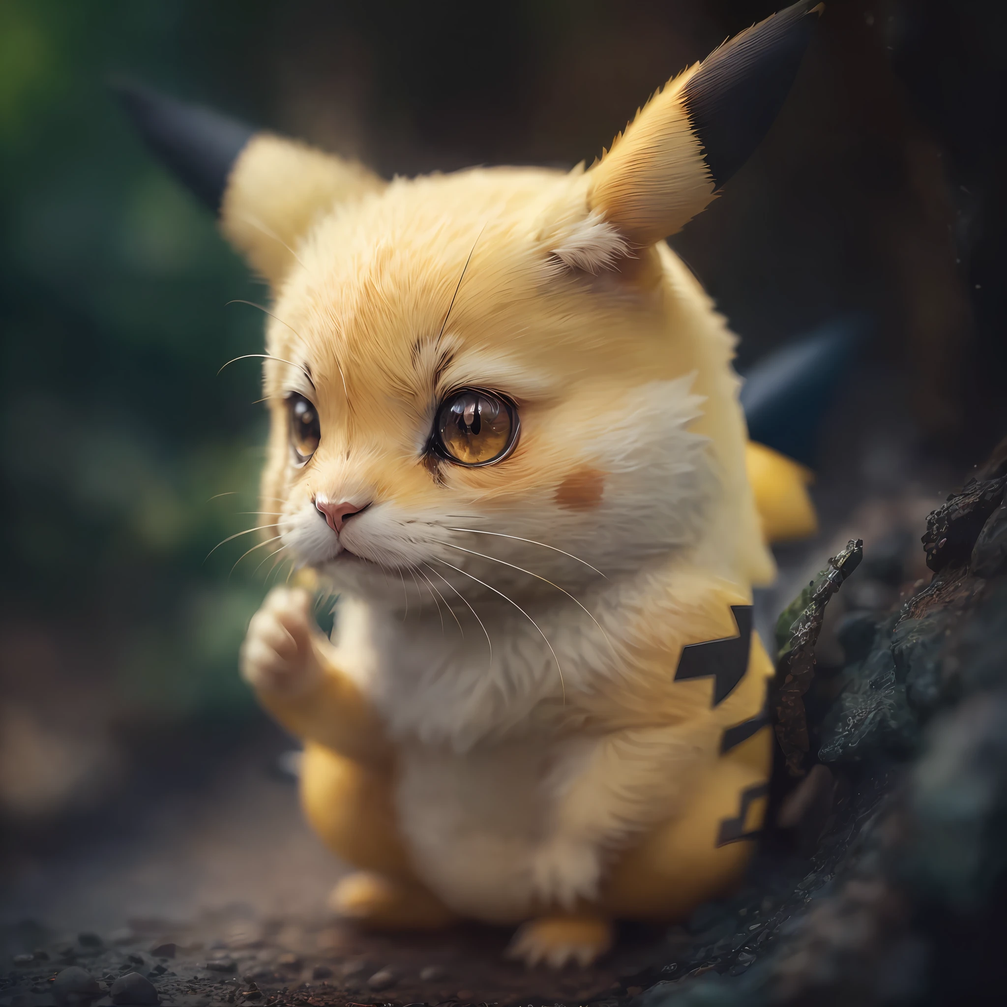 Real Pikachu portrait, blur, hyperreal,nature, depth of field, to8contrast style