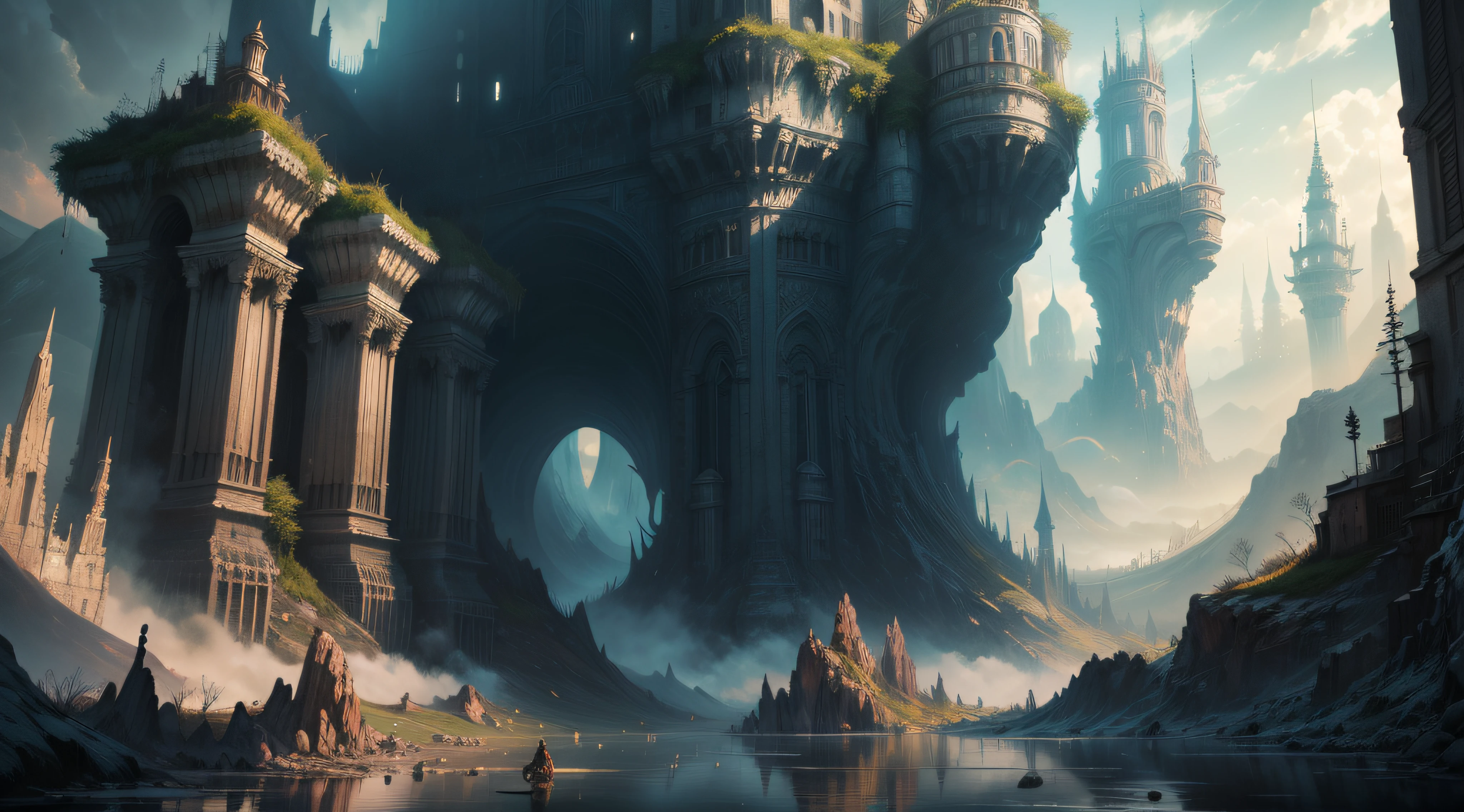 pintura de uma cabana na montanha com uma cachoeira e pagodes, Style of Art Digital of Epic Fantasy, cidade fortaleza de montanha, estilo andreas rocha, arte digital de fantasia de fantasia detalhada, Symmetrical Epic Fantasy Art, arte de fantasia 4k, castelo antigo cyberpunk, inspirado por Andreas Rocha, por Yang J, paisagem de fantasia impressionante, arte de fantasia detalhada, paisagem de arte de fantasia, arte de fantasia altamente detalhada, sky with clouds, sol,