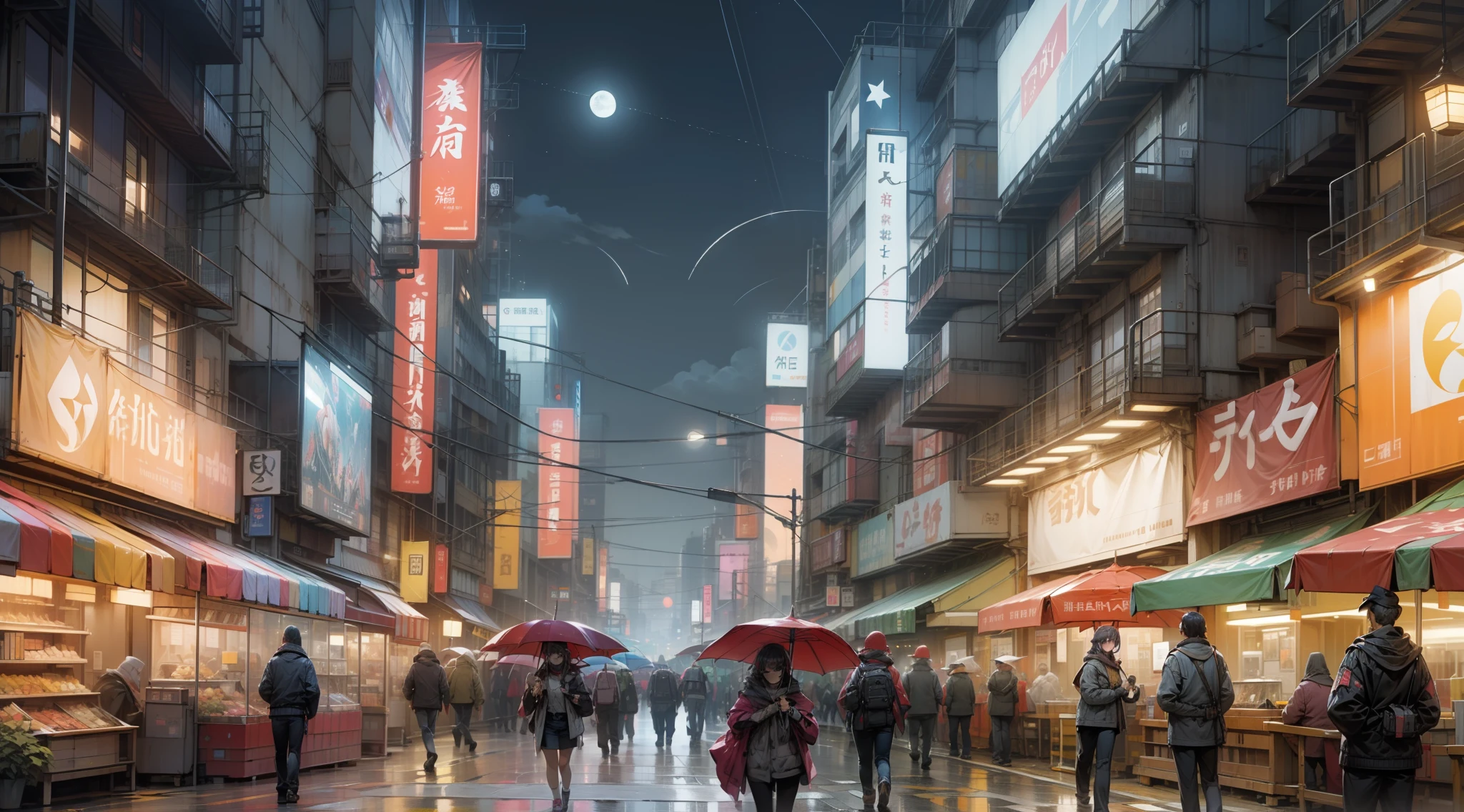 Rua Cyberpunk, com varias propagandas em japones em LEDs e NEONs, Chuva, people walking with umbrellas on the sidewalk, many stars in the sky, estrela Cadente, Moon high in the sky, lua cheia. --auto