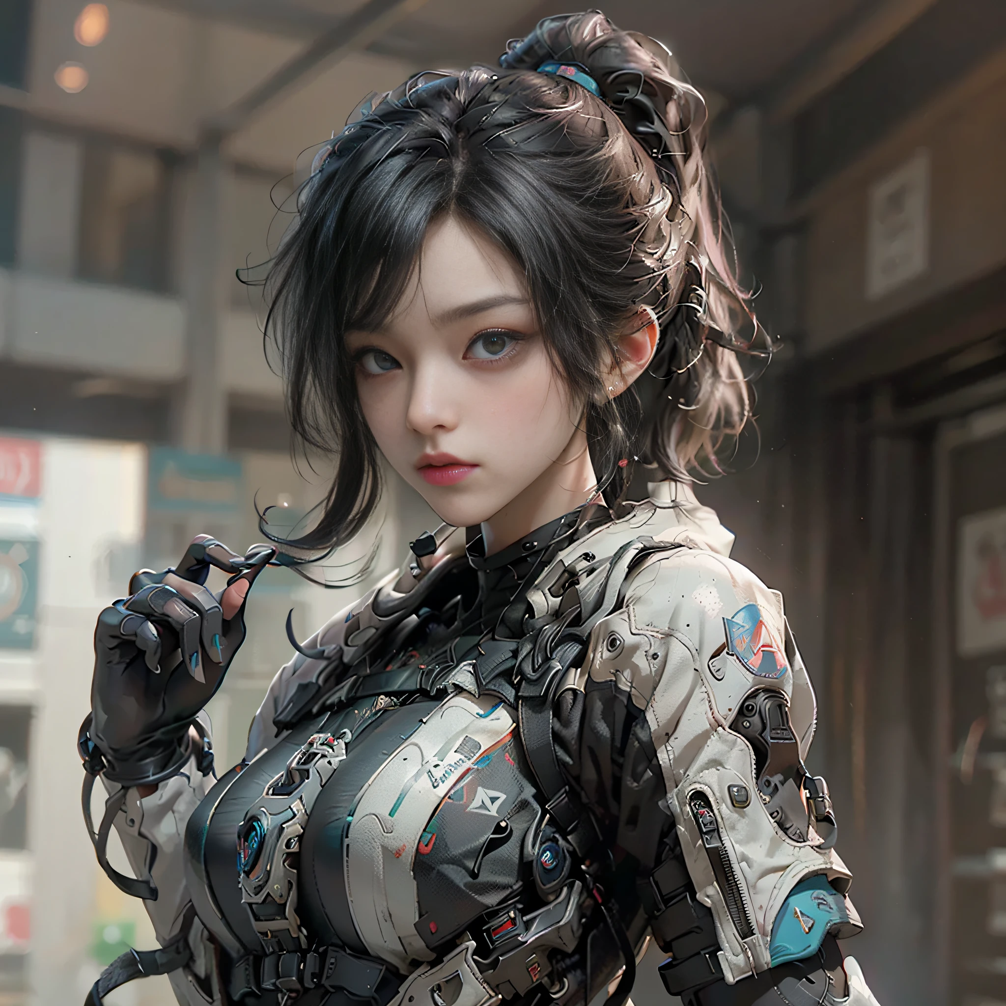 ((Best Quality)), ((Masterpiece)), (Detail: 1.4), (Extremely Detailed CG Uniform 8k Wallpaper), 3D, A Beautiful Cyberpunk Female Figure, HDR (High Dynamic Range), Ray Tracing, NVIDIA RTX, Super-Resolution, Unreal 5, Subsurface Scattering, PBR Texture, Post-processing, Anisotropy Filtering, Depth of Field, Maximum Sharpness and Sharpness, Multi-layer Texture, Albedo and Highlight Maps, Surface coloring, precise simulation of light-material interactions, perfect proportions, Octane Render, two-color light, large aperture, low ISO, white balance, rule of thirds, 8K RAW, finger detailing, refined facial features, focus on the face
