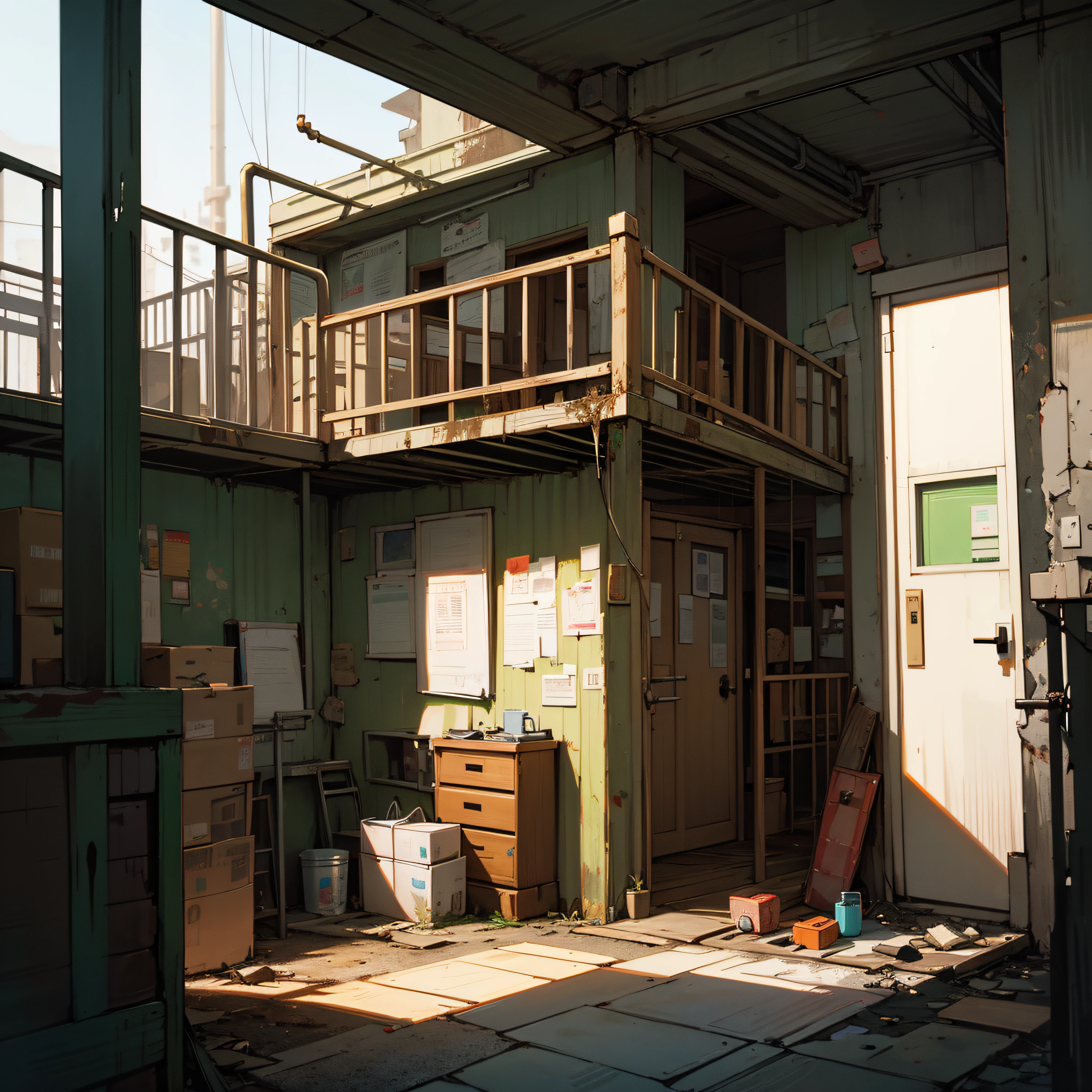 warehouse、abandoned houses、Stacked cardboard、Dojunkai Apartment Surreal and very detailed illustration、Image with objects very loaded、Dirty cement stairs with cracks、a trash can、Metal wall、cables、pole、Rusty pipe、Wall pipe、Electricity Meter、Gray and dark walls、 Empty box、Paint on damaged walls、Metal and rusty scrap、mechanicalparts(rusty、Brownish)、Dim lighting、Very dark landscape shadows、Red and green neon lights、moisture、、wooden、early evening、Toys、cute little、Lots of green empty bottles、Luggage storage、Blower --auto