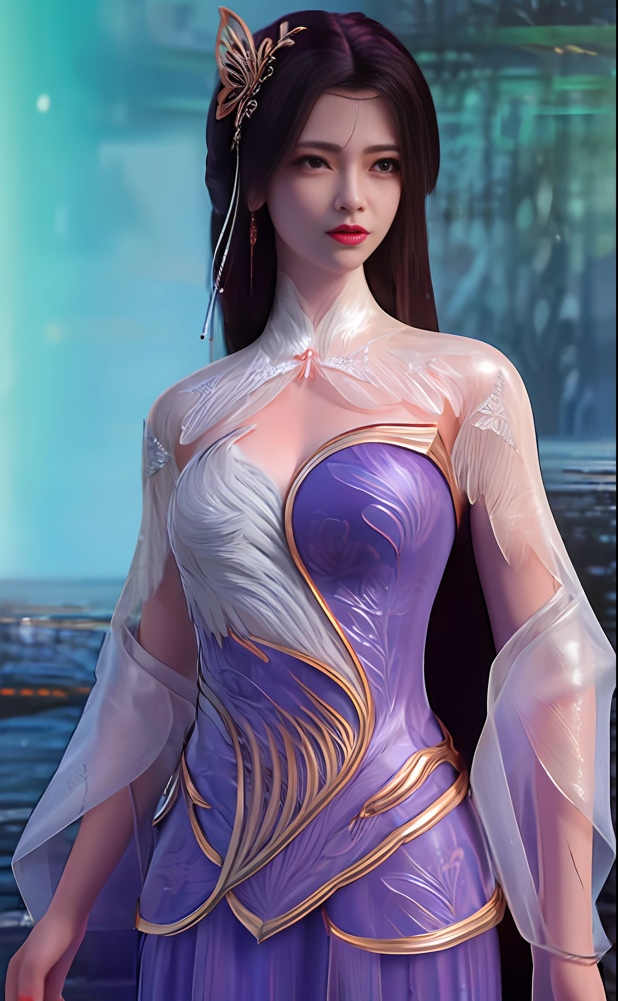 1girl, dress, hair ornament, solo, long hair, black hair, jewelry, purple eyes, purple dress, earrings, water, upper body, blue dress, clothing cutout, butterfly hair ornament, cleavage cutout, expressionless, bug, see-through sleeves, chinese clothes, makeup, butterfly, looking to the side, red lips