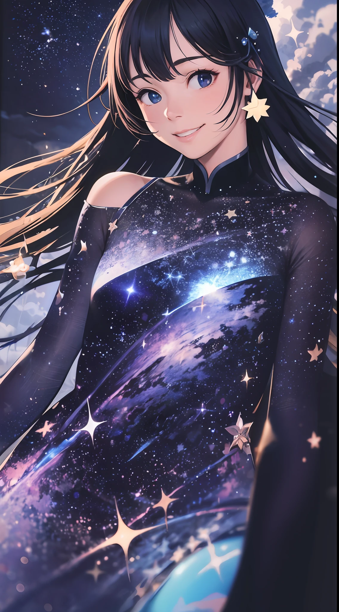 She wore a beautiful dress made of stardust、Floating Beyond Space。Her seductive smile is、stele々In harmony with the brilliance of。beste-Qualit、8K、landscape