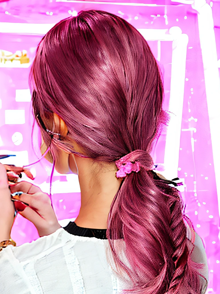 there is a woman with a pink hair tie on her head, Hair tied in a ponytail, hair ties, pink hair covered with hairpins, hair tied in a cute way, braided hair loops, groovy hairband, hair tied up in a pony tail, hair ponytail, hair loops, red hairband, (in pink), hair loops, Wavy quadratic style
