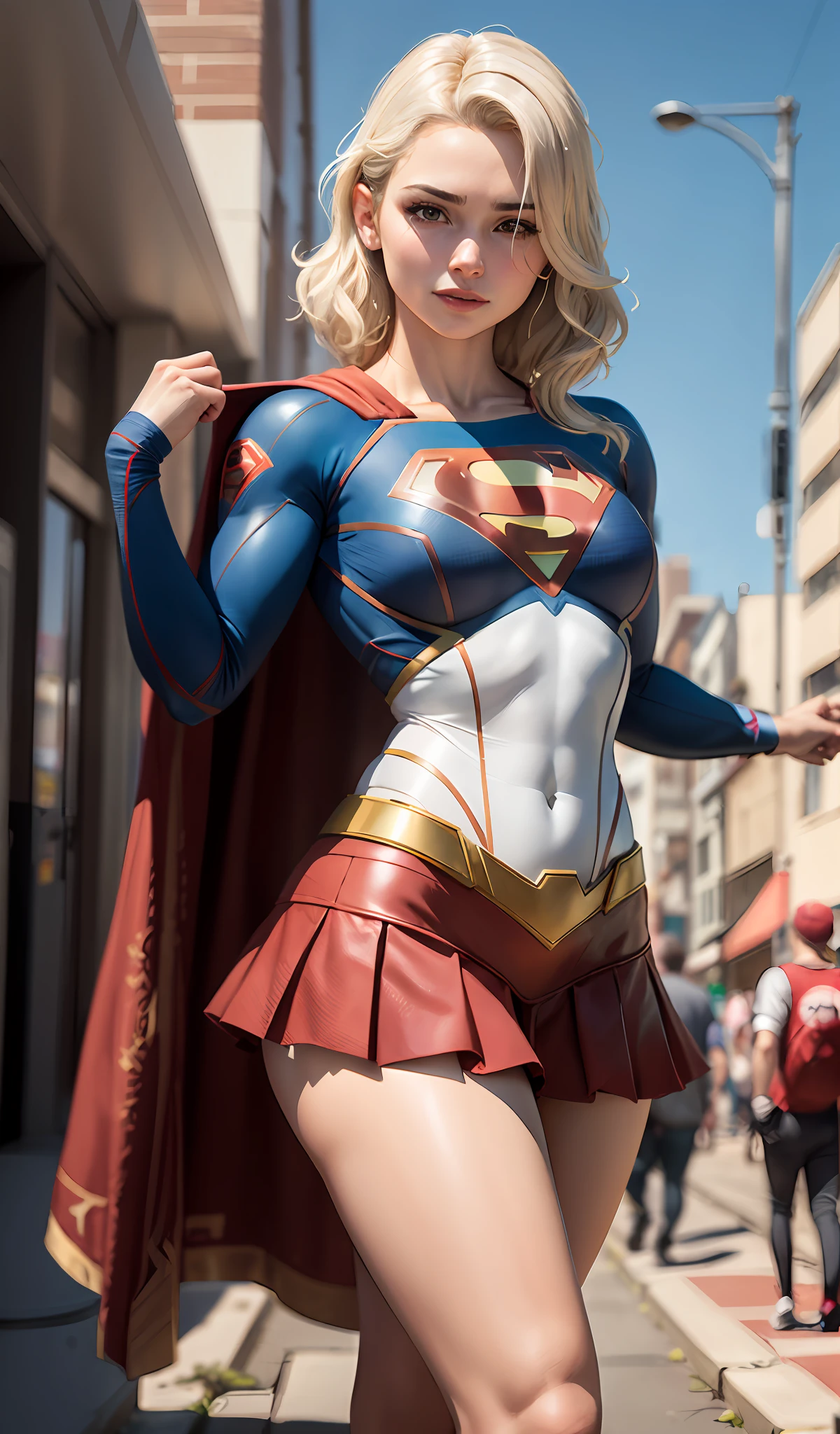 4k, realista, Charismatic, muito detalhe, There's a girl at the top of town, vestindo o figurino da Supergirl, She's a super girl, white superhero theme, cabelo longo loiro, 25 anos, corpo inteiro