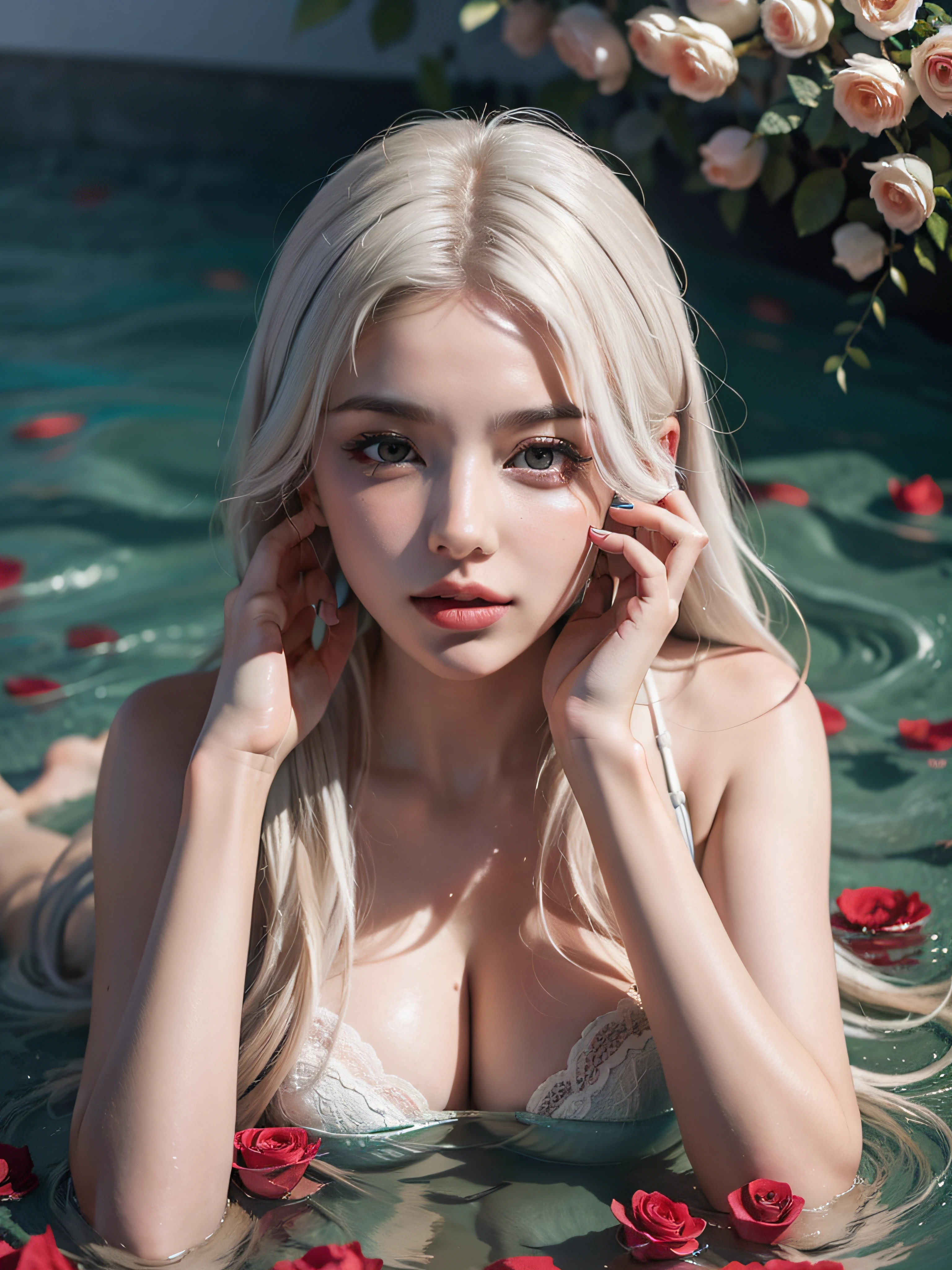 Arouse your senses with this masterpiece quality full body image featuring extreme long and messy white hair, lying beautifully amidst a sea of enchanting rose petals. See her face turn a deep shade of red as she slmiewith pleasure while the heady aroma of roses fills the air.