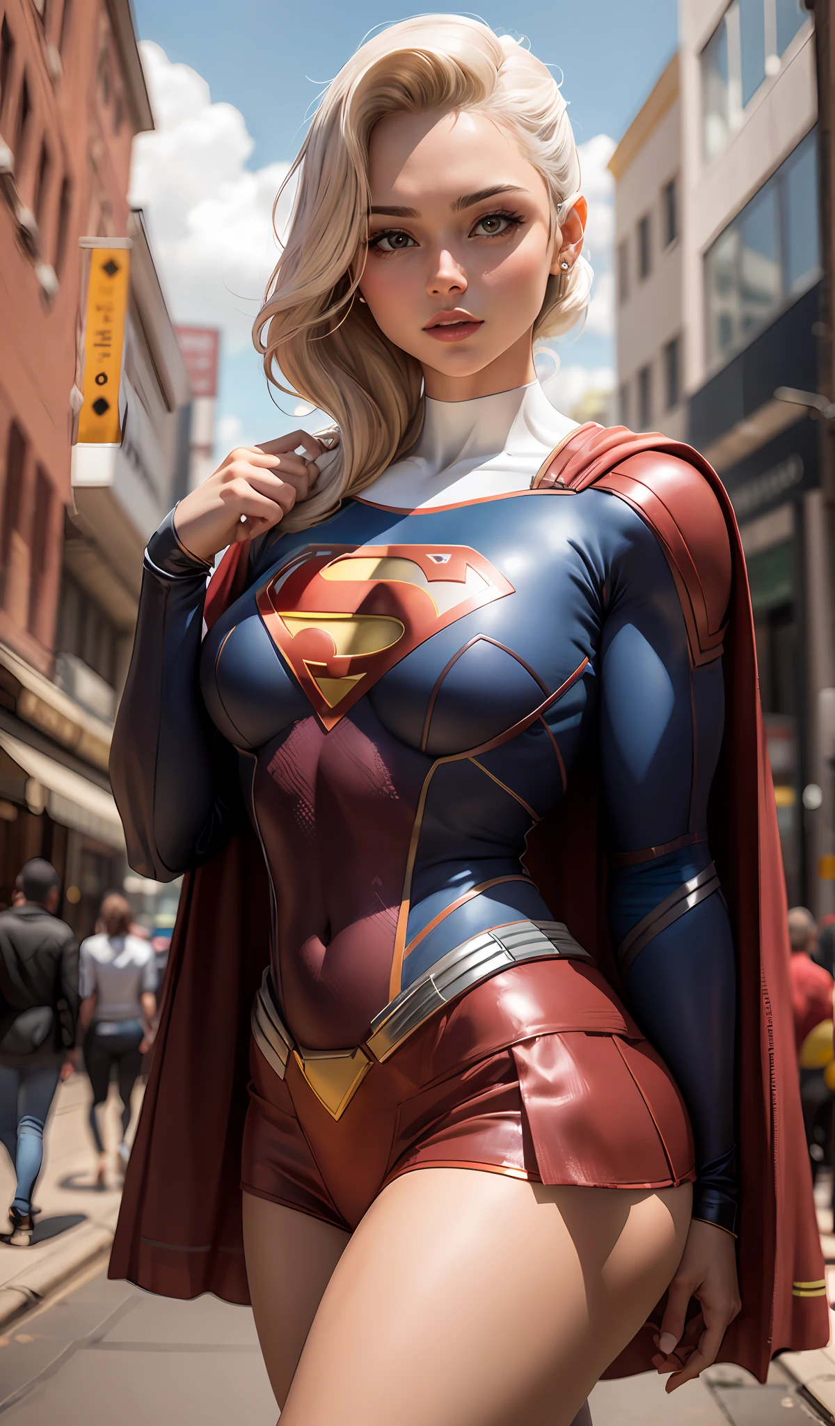 4k, realista, Charismatic, muito detalhe, There's a girl at the top of town, vestindo o figurino da Supergirl, She's a super girl, white superhero theme, cabelo longo loiro, 25 anos, corpo inteiro