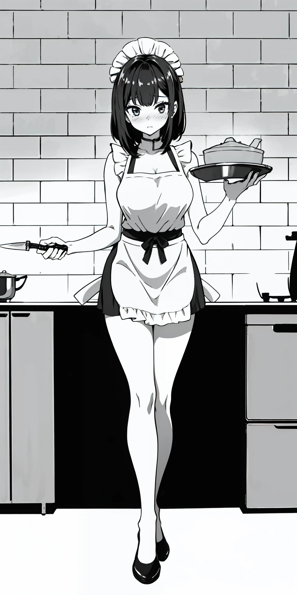 1girl, solo, masterpiece, highest quality, 8k, , kitchen background, naked apron, bare legs, sexy legs, bewitching thighs, blushing slightly, sfw, thick thighs, holding kitchen knife on each hand facing a turkey on plate half cooked