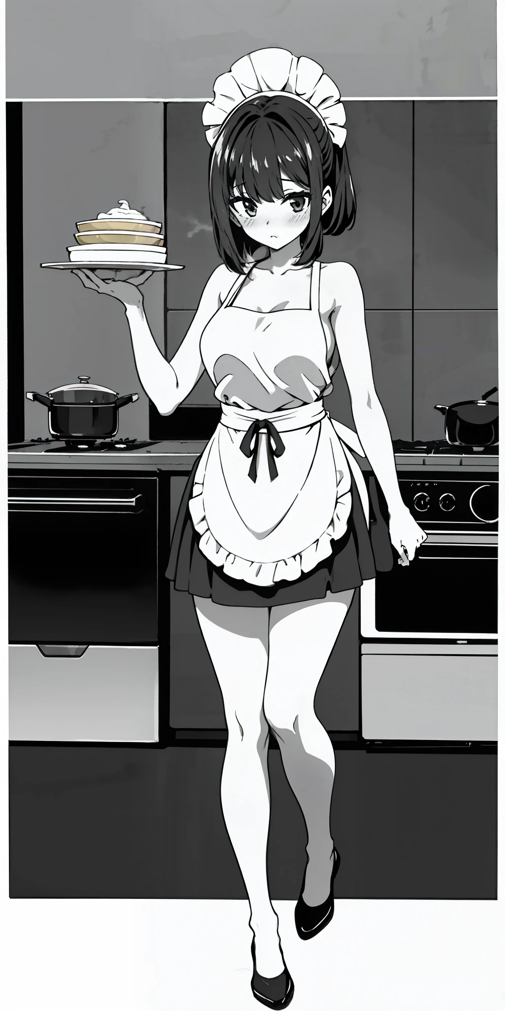 1girl, solo, masterpiece, highest quality, 8k, , kitchen background, naked apron, bare legs, sexy legs, bewitching thighs, blushing slightly, sfw, thick thighs, holding kitchen knife on each hand facing a turkey on plate half cooked