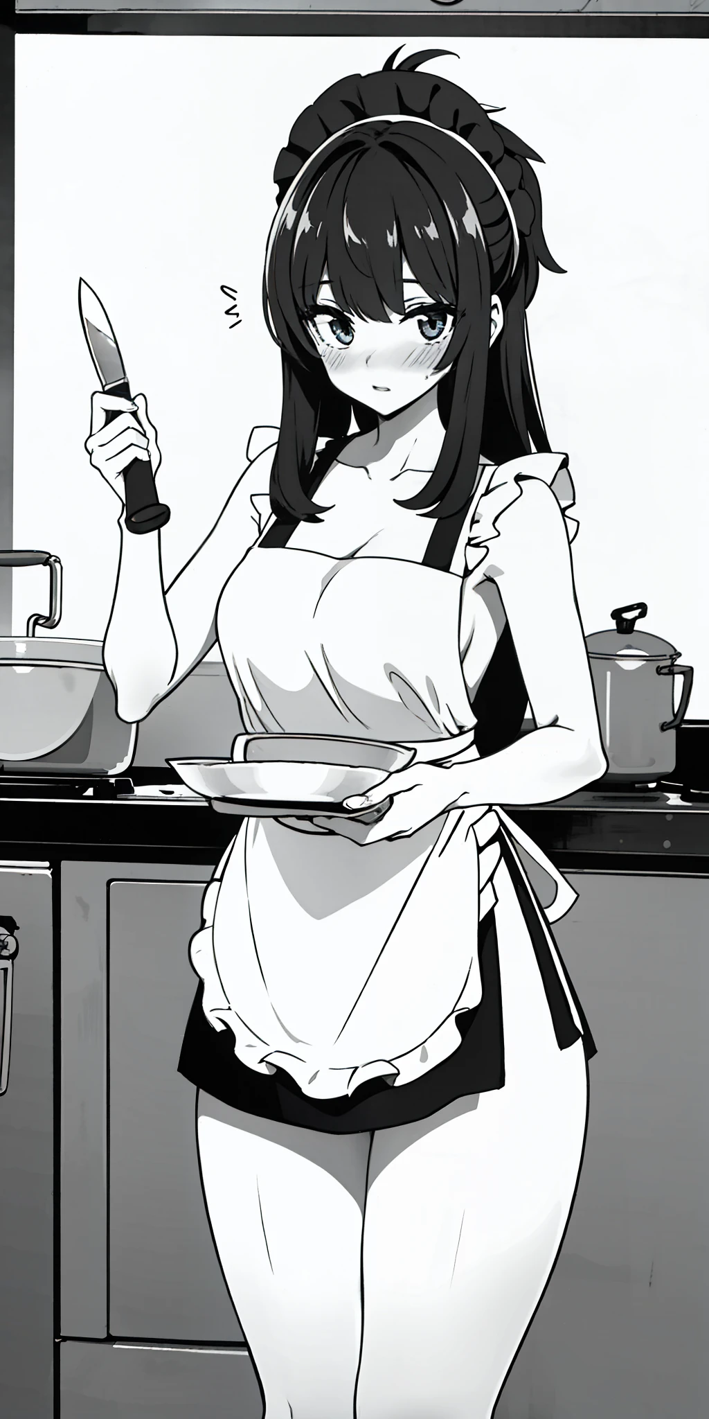 1girl, solo, masterpiece, highest quality, 8k, , kitchen background, naked apron, bare legs, sexy legs, bewitching thighs, blushing slightly, sfw, thick thighs, holding kitchen knife on each hand facing a turkey on plate half cooked