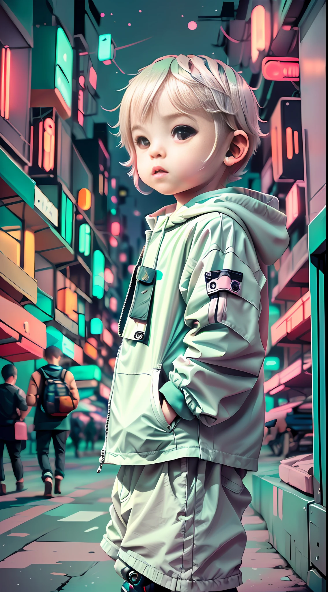 white, totally white, pastel colors, hachures, chibi style, 1  with techwear clothes, street, cyberpunk, city night, light