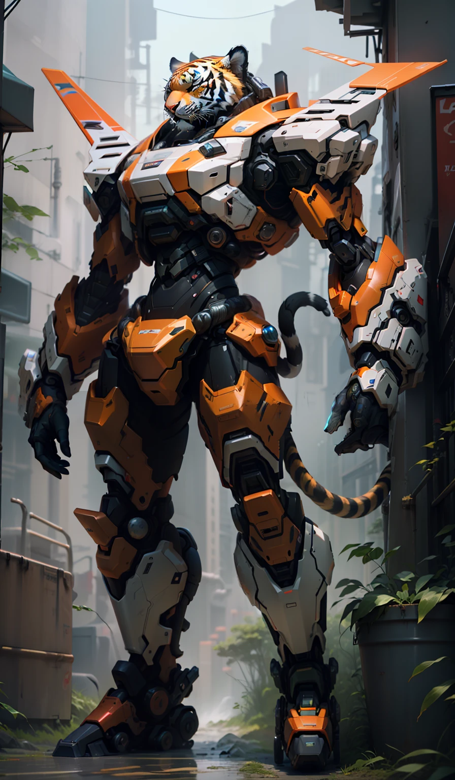 detail Tiger head blue eyes with cyber punk mecha body with tail and drone ship on the sides with lazer gun rail pda guns, tiger tskin texture pbr metal