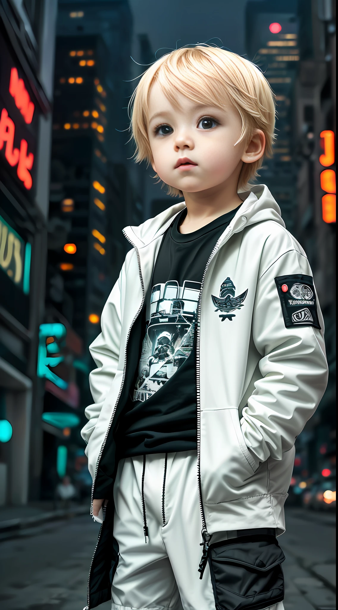 white, totally white, pastel colors, hachures, chibi style, 1 cute little baby boy with techwear clothes, street, cyberpunk, city night, light