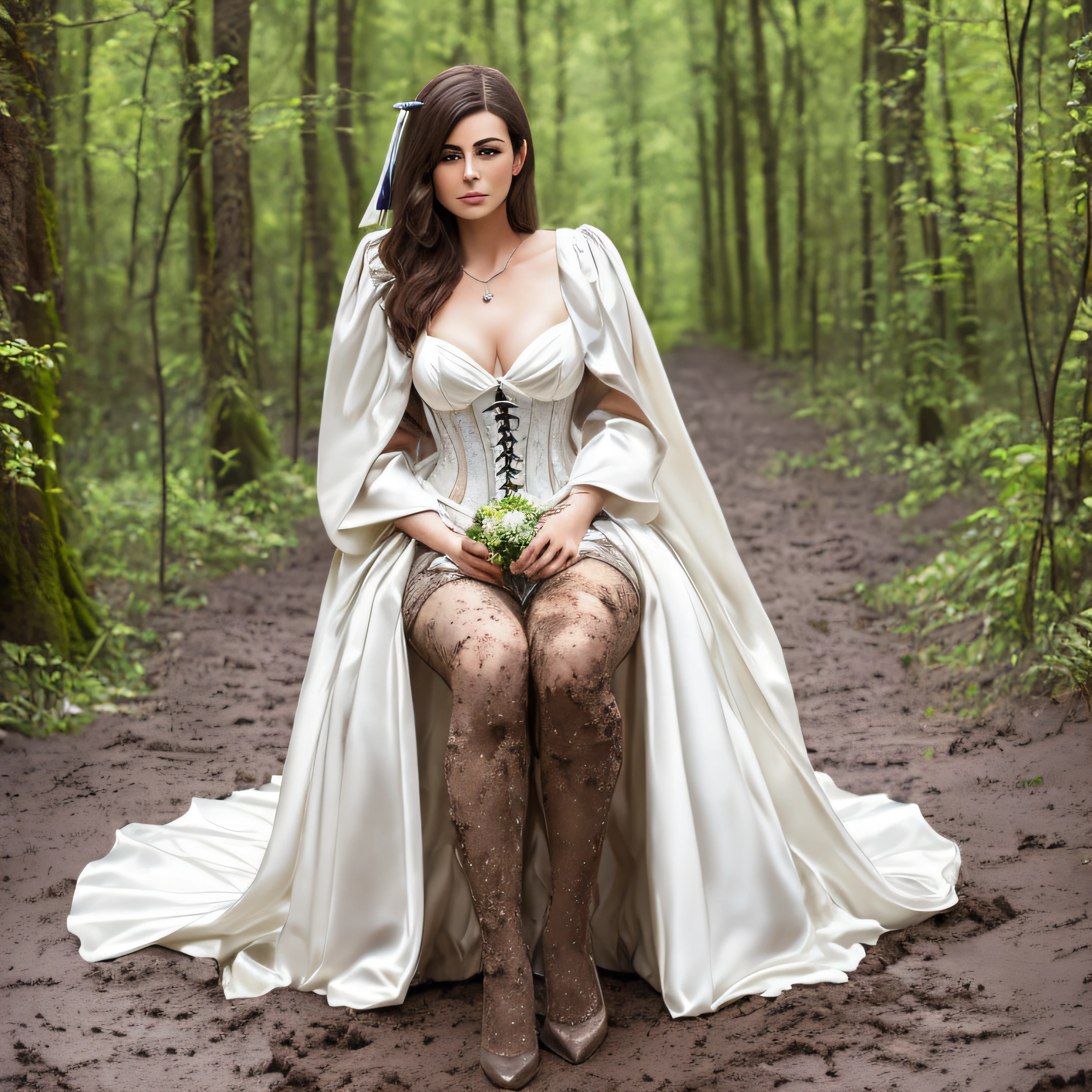 Hyperrealistische Fotografie, 2 Frauen stehen im Schlamm, Schlammspritzer im Gesicht, die Gesichter sind mit Schlamm verschmiert,  30-year-old women smeared with mud, Lena Meyer Landrut, long white gloves satin smeared with mud, short white graduation ball gown white with Swarovski jewelry smeared with mud, Perlenkette mit Schlamm verschmiert, underbust corset weiß smeared with mud, ruffles, pointy pumps white high heels smeared with mud, Fishnet tights white smeared with mud, the entire body, schwarze lockige Haare mit Schlamm verschmiert, die Kleidung ist mit Schlamm verschmiert, High quality, realistische Beleuchtung, Bildmitte, Sanduhrproportionen, 8K, HDR, BDSM, medium breast size, lange Beine, professionelle Fotografie einer Frau, natural skin texture smeared with a lot of mud, 4K-Texturen, Adobe Lightroom, Fotolabor, HDR, kompliziert, elegant, sehr detailliert, scharfer Fokus, wahnsinnige Details, komplizierte Details, hyperdetailliert, Helles Kinolicht, Außenatmosphäre, Kinn hochgezogen, (exponierter Bauch: 1,8 ), (Fernaufnahme), dominanter Gesichtsausdruck