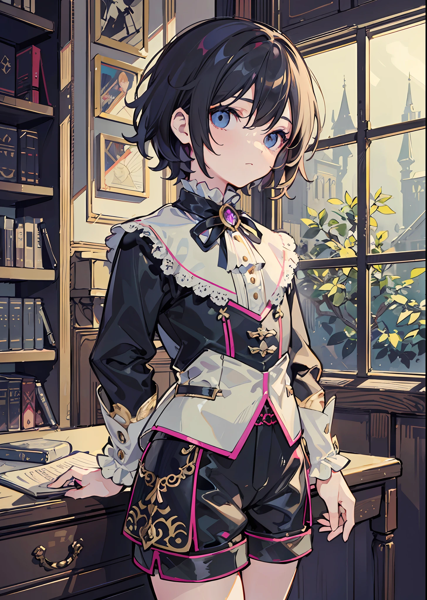 solo, alone, focus on character, calm face, (((shota))), boy, male, (()), child, aristocratic clothes, victorian clothes, ((dark fantasy, grimm dark fantasy, victorian style, kodona, fantasy, medieval, fantasy style)), magenta, long sleeves, puffy long sleeves, long stockings, long shorts, spacious shorts, nikers shorts, library, black hair, tousled hair, shaggy hair, protruding hair, puffy hair, black eyes, 8k, HDR, 8k HD, hyper-detalied, detailed character, detailed eyes, detailed face, detailed eyes, (((dark))), (((low light)))