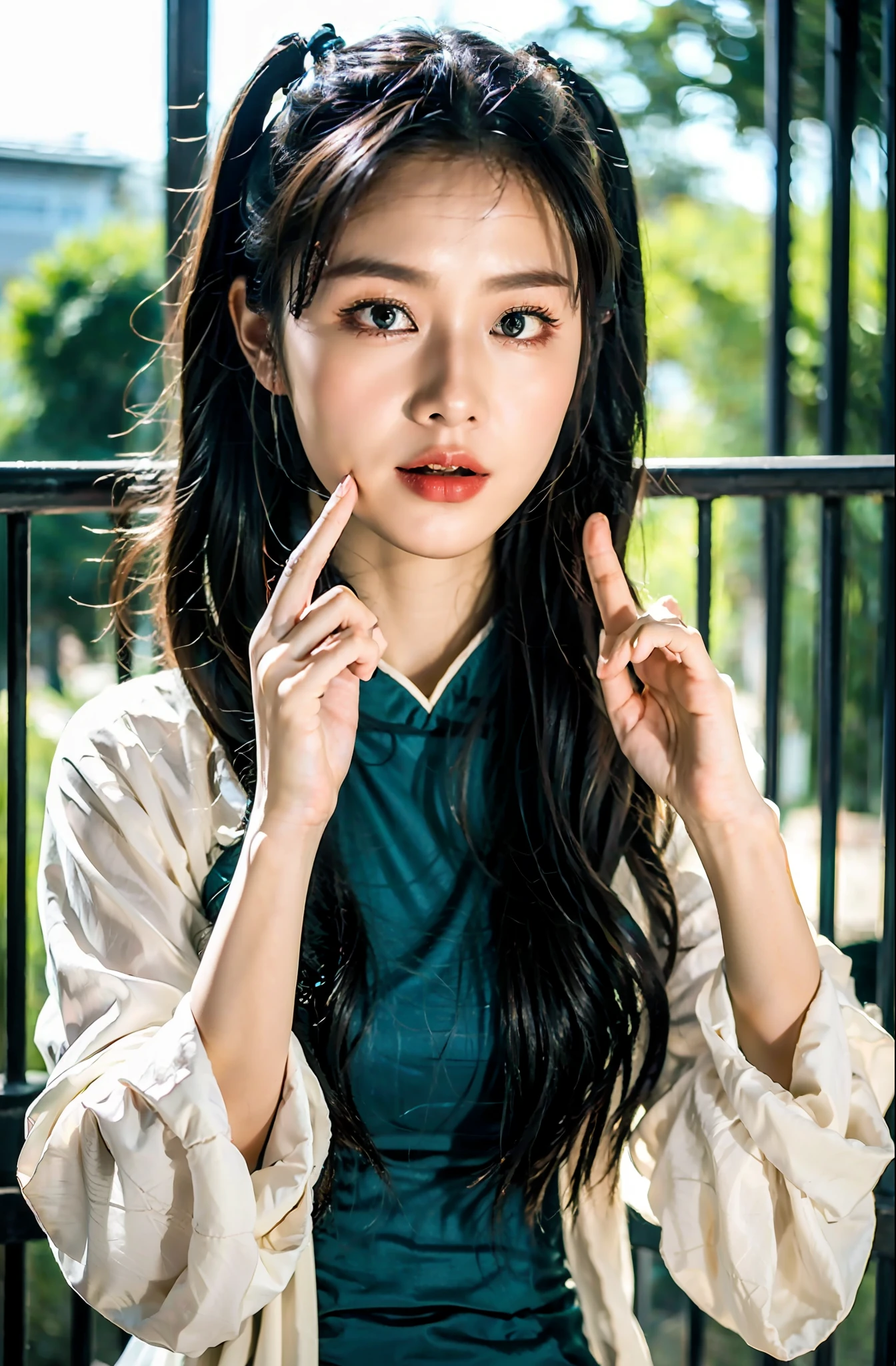 ulzang-6500-v1.1, (original photo: 1.2), (photo realism: 1.4)) best quality, beautiful, beautiful, beautiful, beautiful, extremely detailed, unity, 8k beautiful wallpaper, beautiful details, masterpiece, quality BEST, OFFICIAL ART, VERY DETAILED, VERY RIDICULOUS, HIGH RESOLUTION, BEAUTIFUL, BEAUTIFUL EYES AND FACE DETAIL, CINEMA LIGHTING, 1 GIRL, PERSPECTIVE, LOOKING AT VIEWER, FULL BODY, FULL BODY, OUTDOORS, HANDS In the back, (Hanfu)