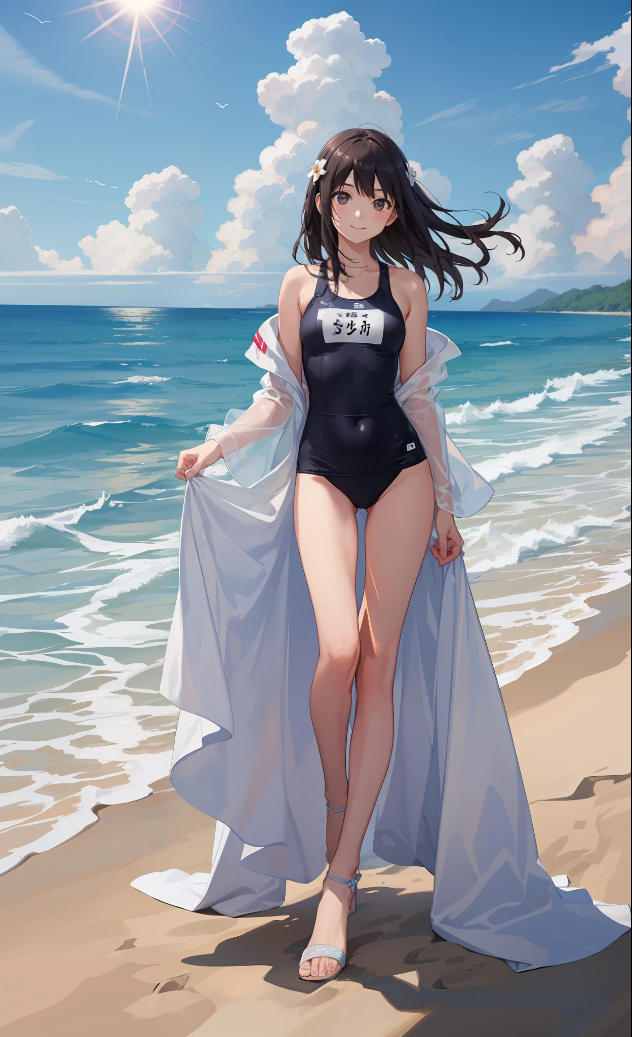 1girl in、A smile、Highlights in the eyes、(small tits)Chilarism、夏天、the ocean、sea bathing、(Wearing a swimsuit in a cute color)、beach、the wind、suns、Portrait from the knee up、