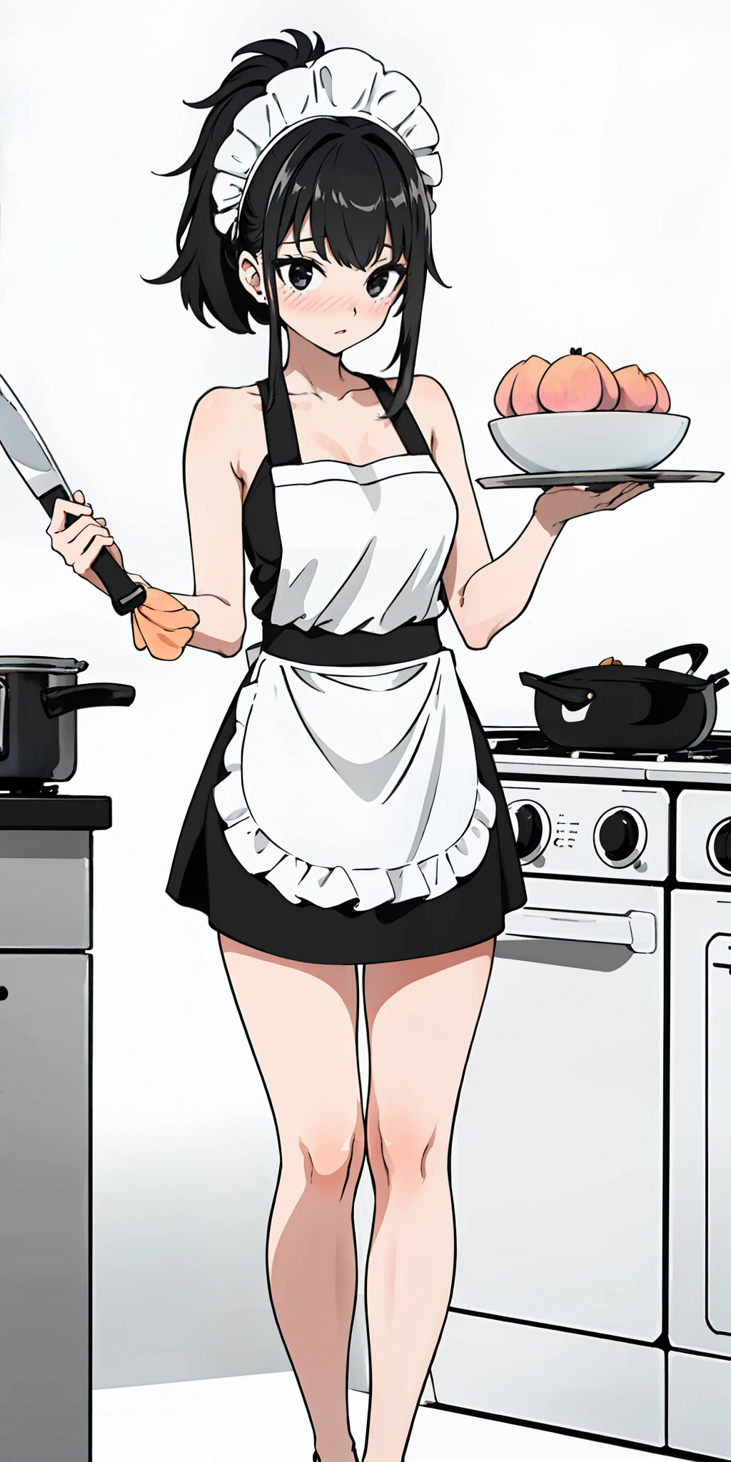 1girl, solo, masterpiece, highest quality, 8k, , kitchen background, naked apron, bare legs, sexy legs, bewitching thighs, blushing slightly, sfw, thick thighs, holding kitchen knife on each hand facing a turkey on plate half cooked, black hair, black eyes, peach skin, black and white apron,