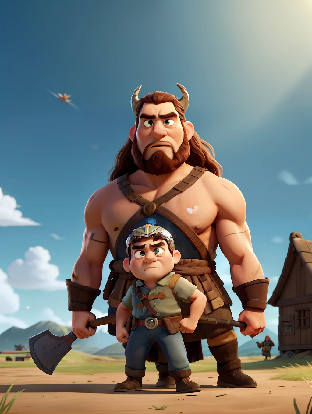 Two very stout and strong viking warriors 2men, wearing viking mets, in a battlefield, holding an axe, a Vikking village and seaport in the background, pixar artstyle, fierce eyebrows, cinematic rim light, very thick neck, intense action, dynamic juxtaposition, 2 young warrios, very high quality face, Vikking village game, exploitable image, face neck shoulders, tall strong men, long windy hair, stylized dynamic folds, angry men, Pixar artstyle, Vikking village game, exploitable image, face neck shoulders, tall strong men, long windy hair, stylized dynamic folds, angry look, in the style of Pixar Animations