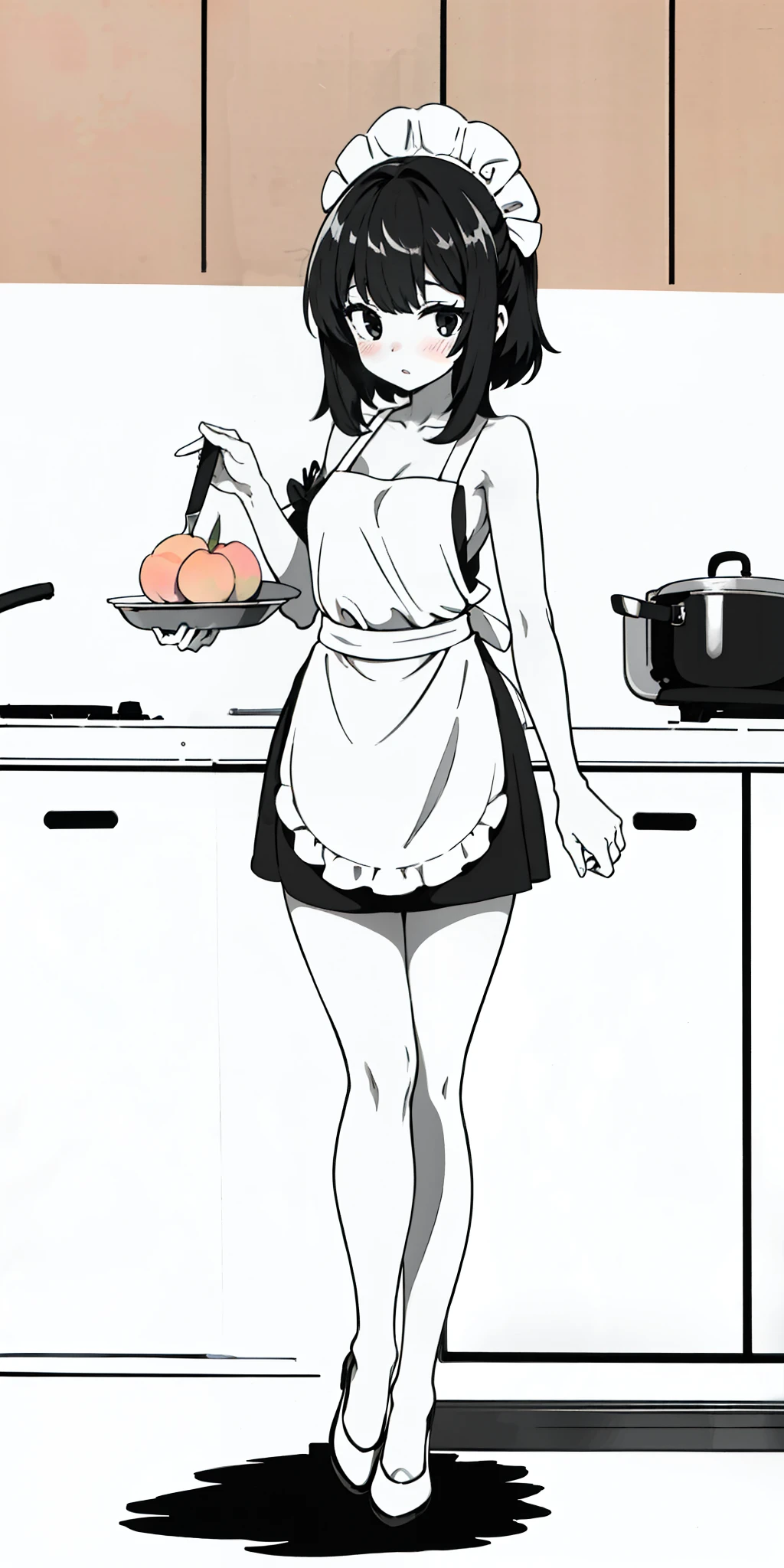 1girl, solo, masterpiece, highest quality, 8k, , kitchen background, naked apron, bare legs, sexy legs, bewitching thighs, blushing slightly, sfw, thick thighs, holding kitchen knife on each hand facing a turkey on plate half cooked, black hair, black eyes, peach skin, black and white apron,