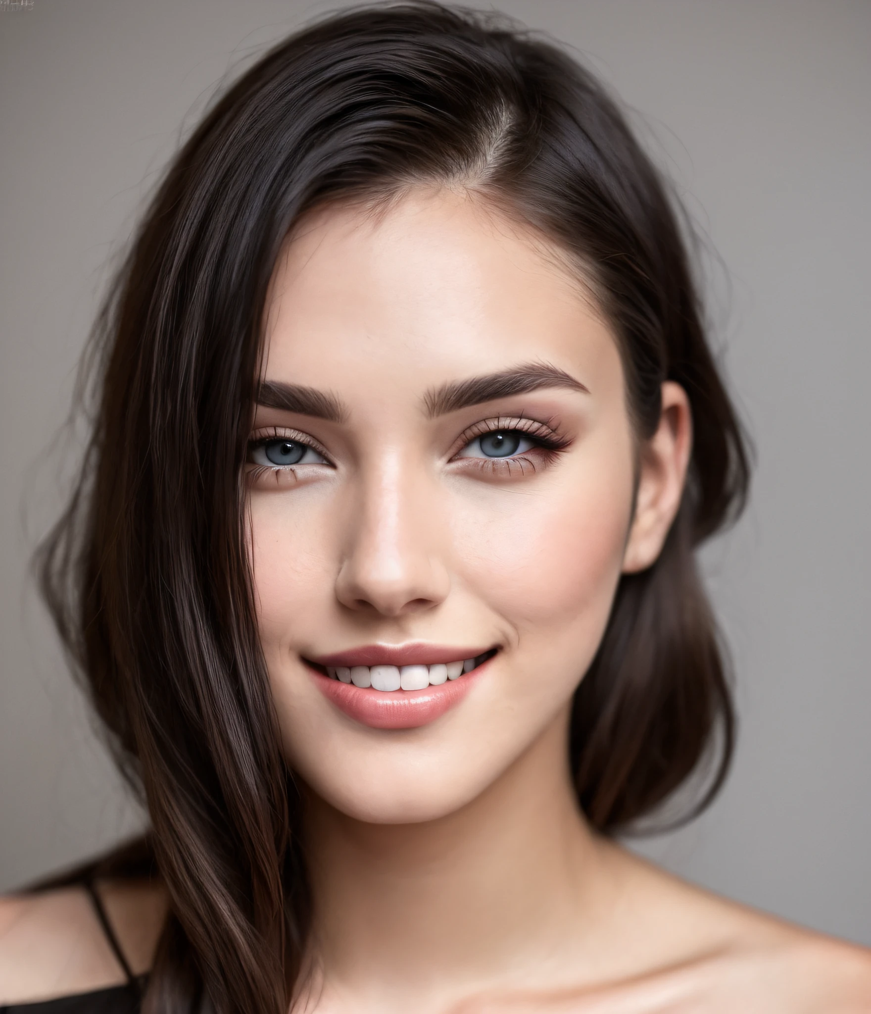 fashion model 24 years old,  , [[[[closeup]]]], [[[[chest]]]], [[[[neck]]]], [[[[shoulders]]]], perfect eyes, perfect iris, perfect lips, perfect teeth, perfect skin, soft front light, glow, HDR, (muted colors:1.2)