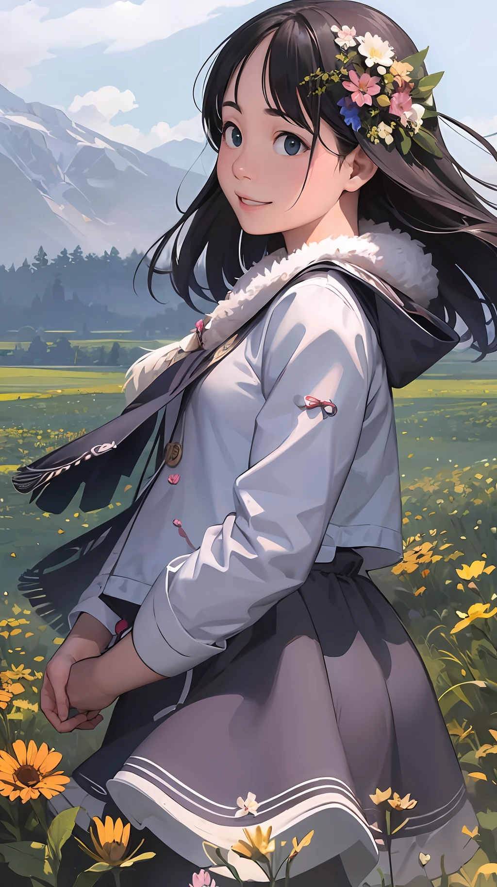 On the steppe hills、Her hair flutters in the wind and turns like a flower。Her smile blends into nature、Create a fantastic atmosphere。beste-Qualit、8k、landscape