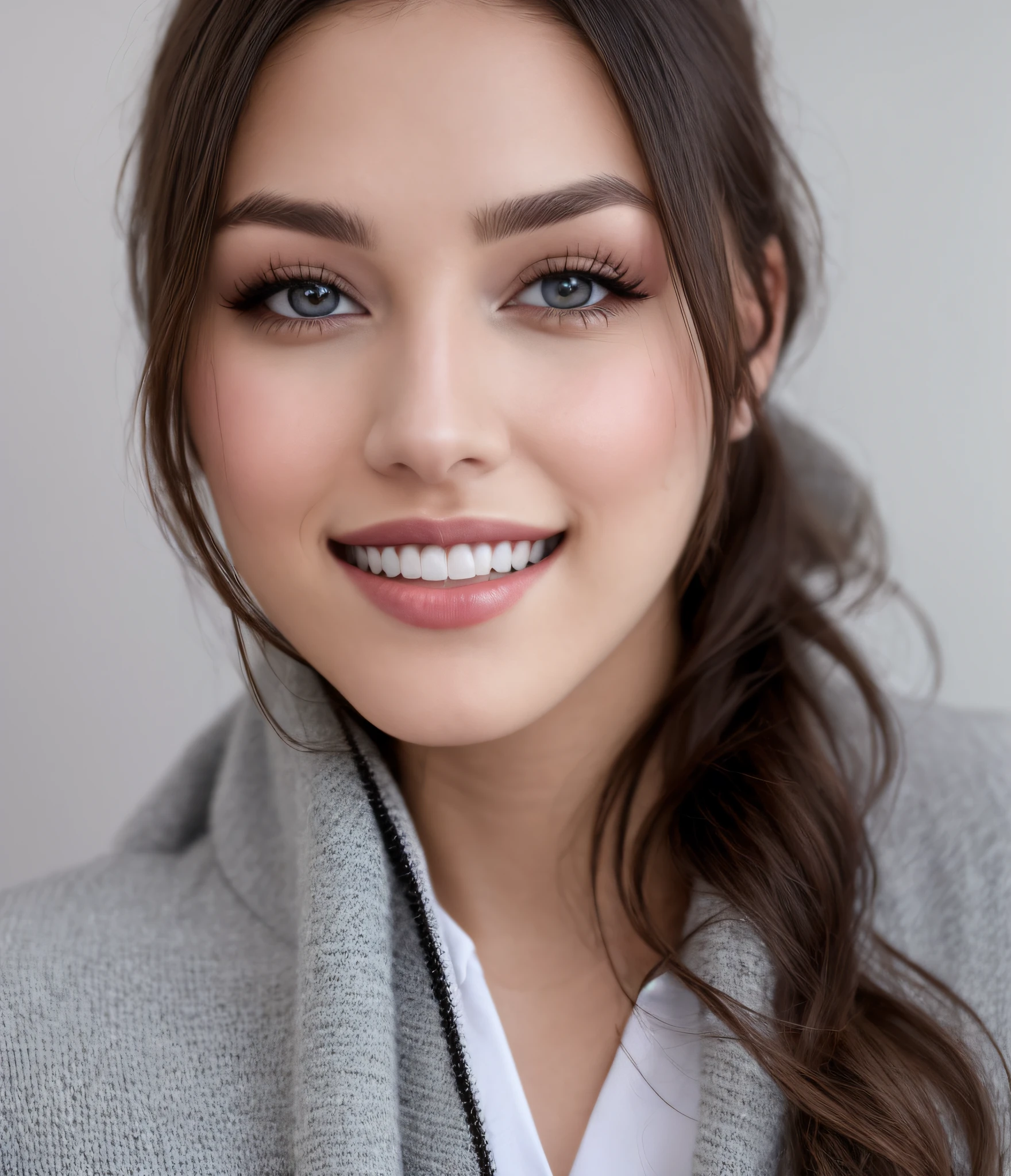 fashion model 24 years old,  , [[[[closeup]]]], [[[[chest]]]], [[[[neck]]]], [[[[shoulders]]]], perfect eyes, perfect iris, perfect lips, perfect teeth, perfect skin, soft front light, glow, HDR, (muted colors:1.2)