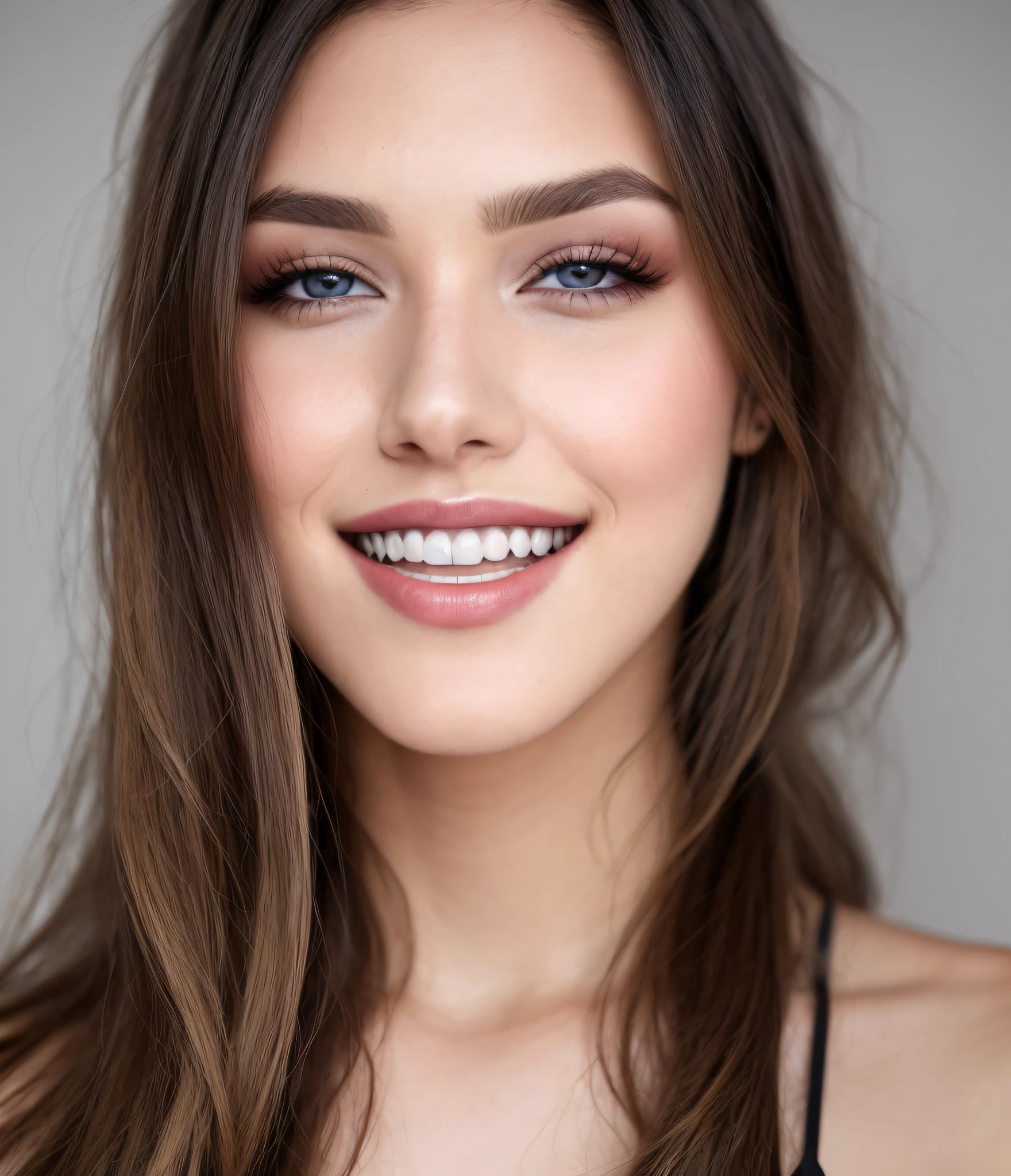 fashion model 24 years old,  , [[[[closeup]]]], [[[[chest]]]], [[[[neck]]]], [[[[shoulders]]]], perfect eyes, perfect iris, perfect lips, perfect teeth, perfect skin, soft front light, glow, HDR, (muted colors:1.2)