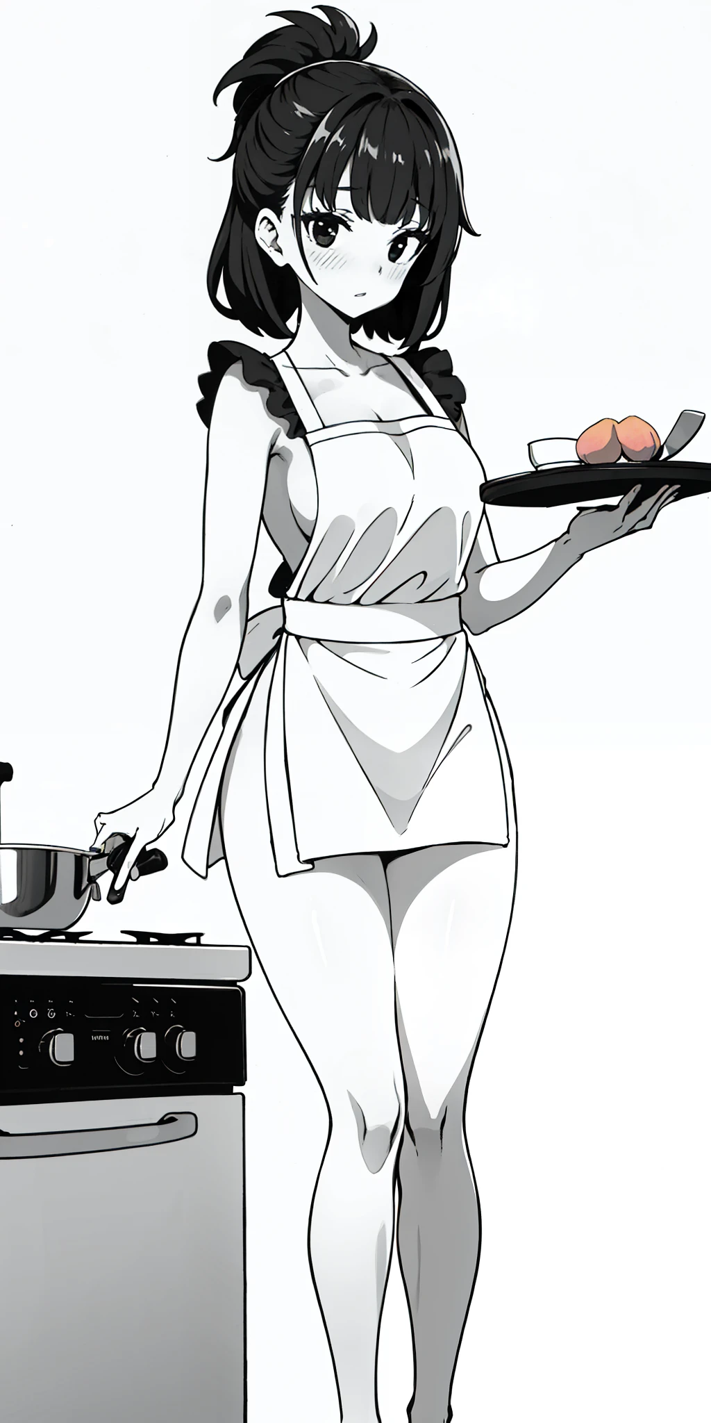 1girl, solo, masterpiece, highest quality, 8k, , kitchen background, naked apron, bare legs, sexy legs, bewitching thighs, blushing slightly, sfw, thick thighs, holding kitchen knife on each hand facing a turkey on plate half cooked, black hair, black eyes, peach skin, black and white apron,