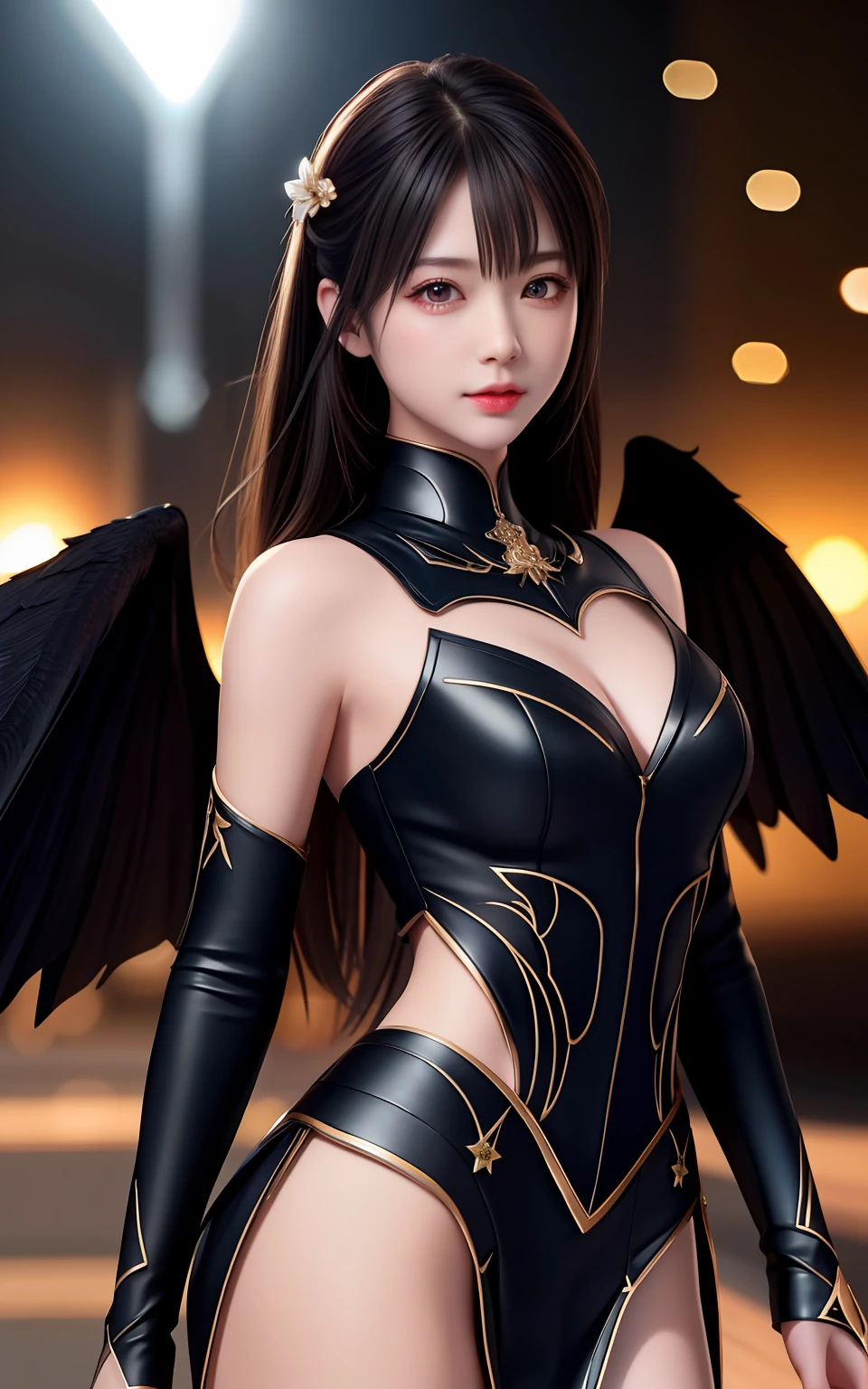 A masterpiece of the highest quality,A high resolution,A girl,Beautiful and attractive face,immense details,Black shadow of the devil's wings and tail at the bottom,Realistic skin,Two-tone lighting and edge lighting,Camera quality 8k UHD,Soft lighting and volumetric lighting optimization,High quality photos,digital DSLR camera,Frank and unpretentious,High resolution 4K/ 8k,Bokeh effect unfolded。