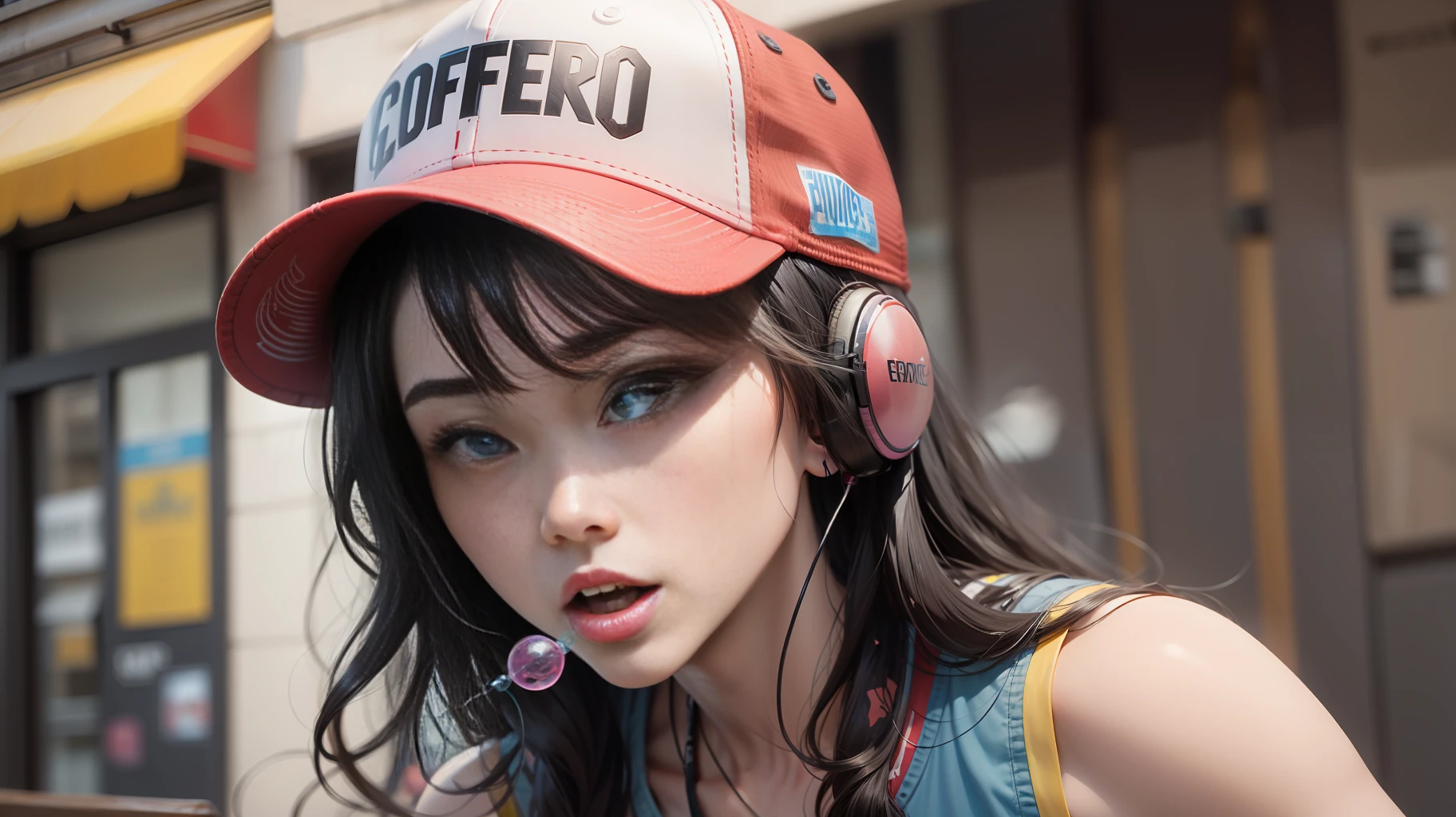 Black hair、largeeyes、Bobbed hair、Heroic、oral sexy、Sleeveless shirt、baseball cap，Headphones pinned to the neck，Blow bubble gum，Stand in front of the coffee shop，There is a retro locomotive parked next to it