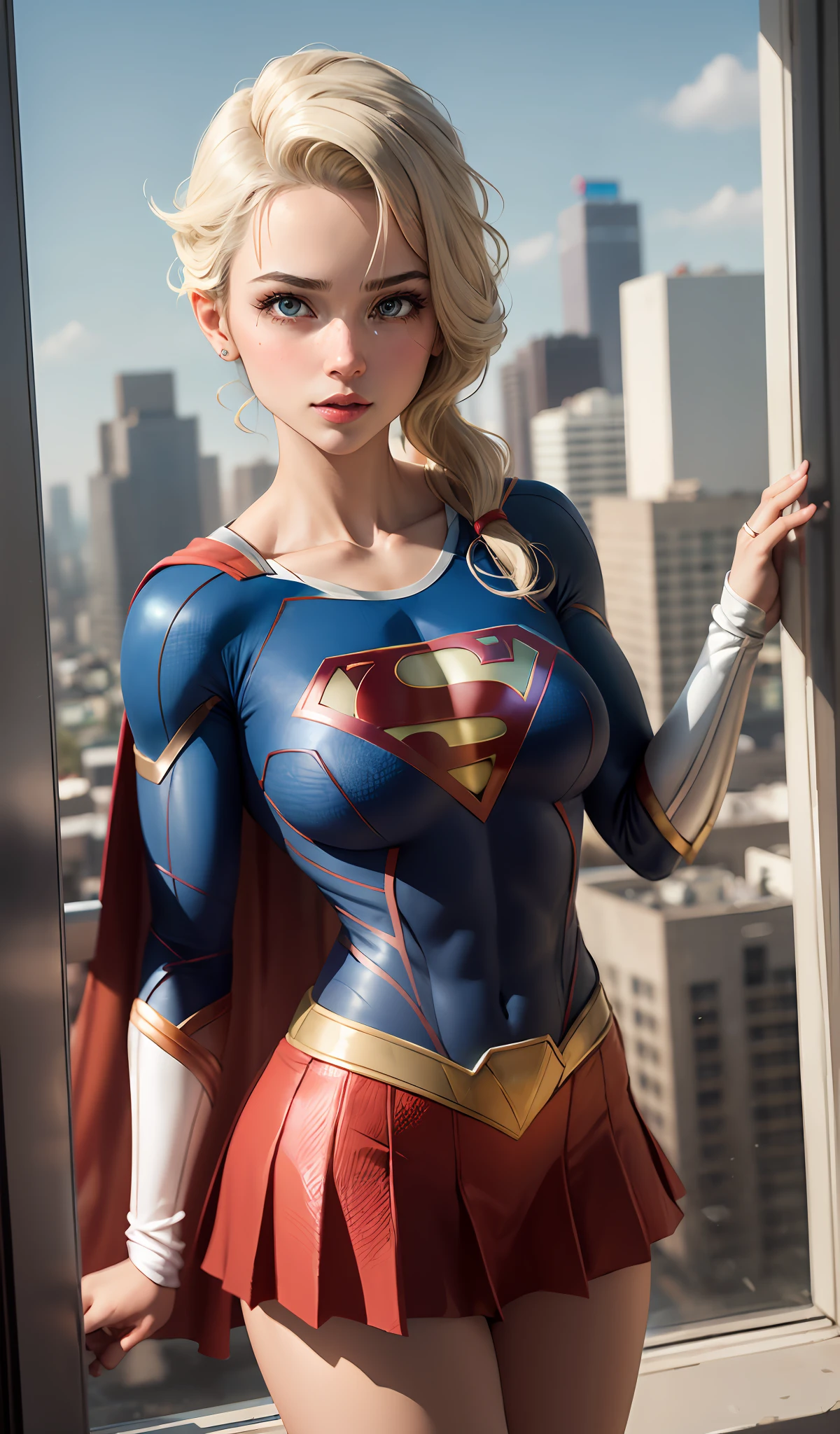4k, realista, Charismatic, muito detalhe, There's a girl at the top of town, vestindo o figurino da Supergirl, She's a super girl, white superhero theme, cabelo longo loiro, 25 anos, olhos azuis brilhantes, corpo inteiro
