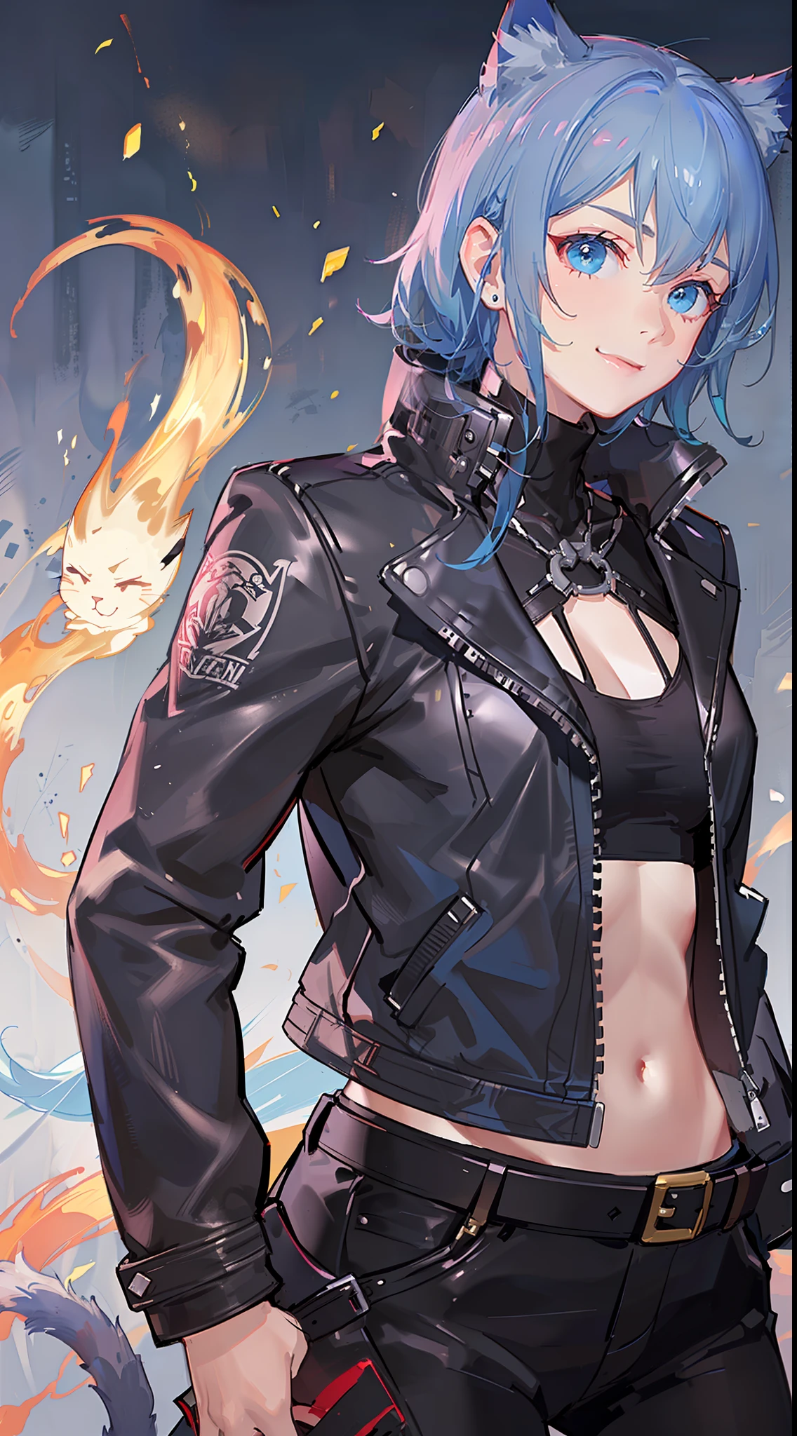 Young guy, Short dark blue hair, Cyan eyes, cat ears, leather jacket, a smile, Ghost Rider, Masterpiece, highly quality