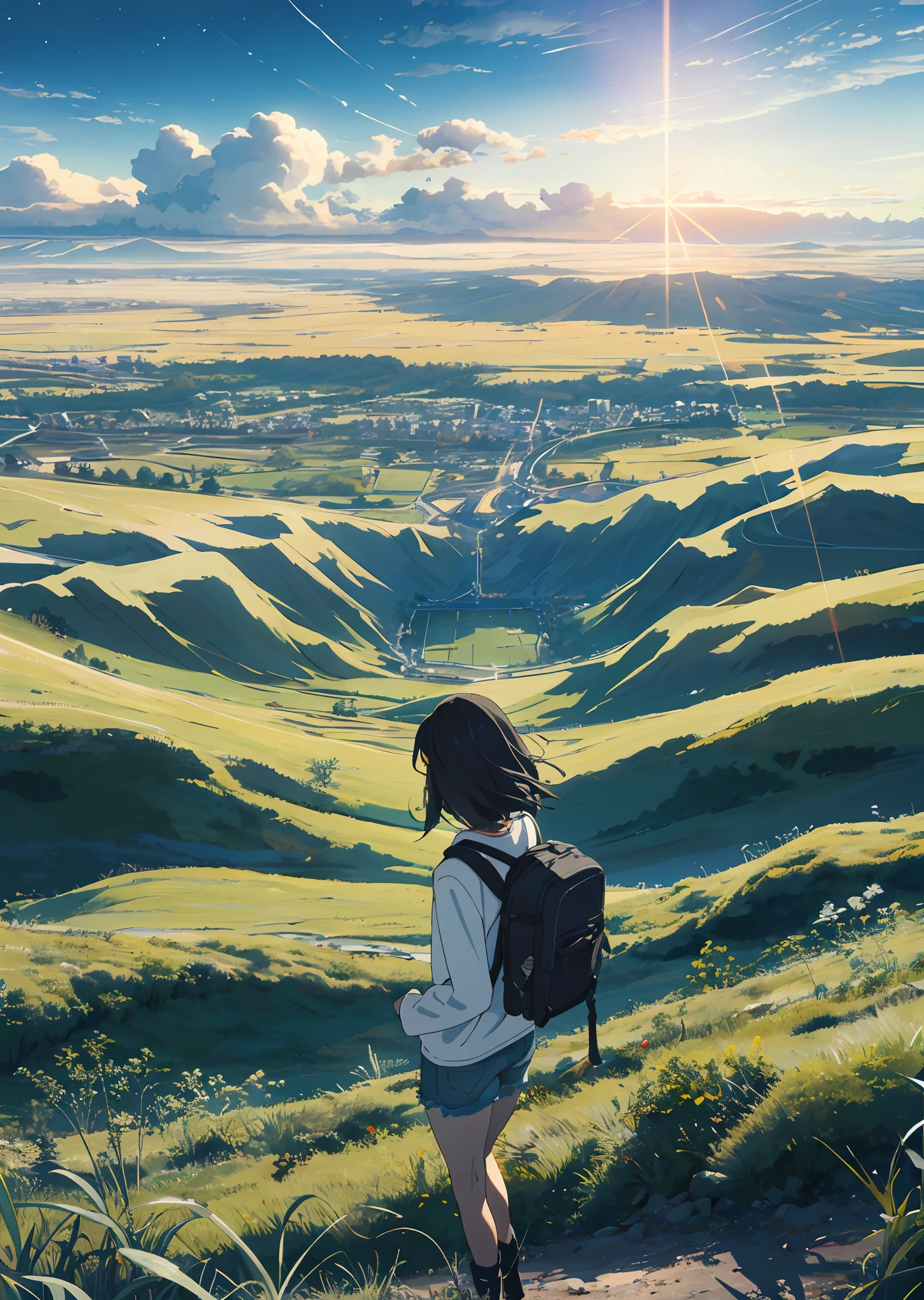 The vast sky, beautiful skyline, large grasslands, extremely tense and dramatic pictures, moving visual effects, the high-hanging Polaris, and colorful natural light. A long-sleeved top, denim shorts, and a black girl with a backpack.