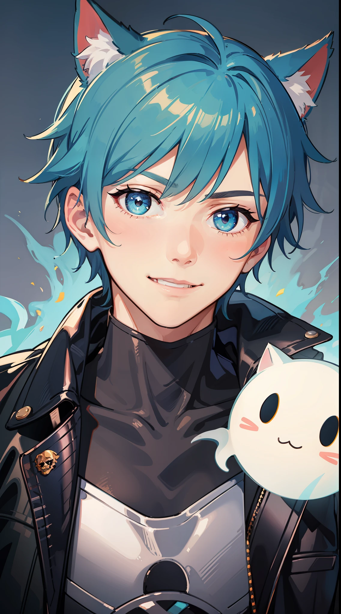 Young guy, Short dark blue hair, Cyan eyes, cat ears, leather jacket, a smile, Ghost Rider, Masterpiece, highly quality