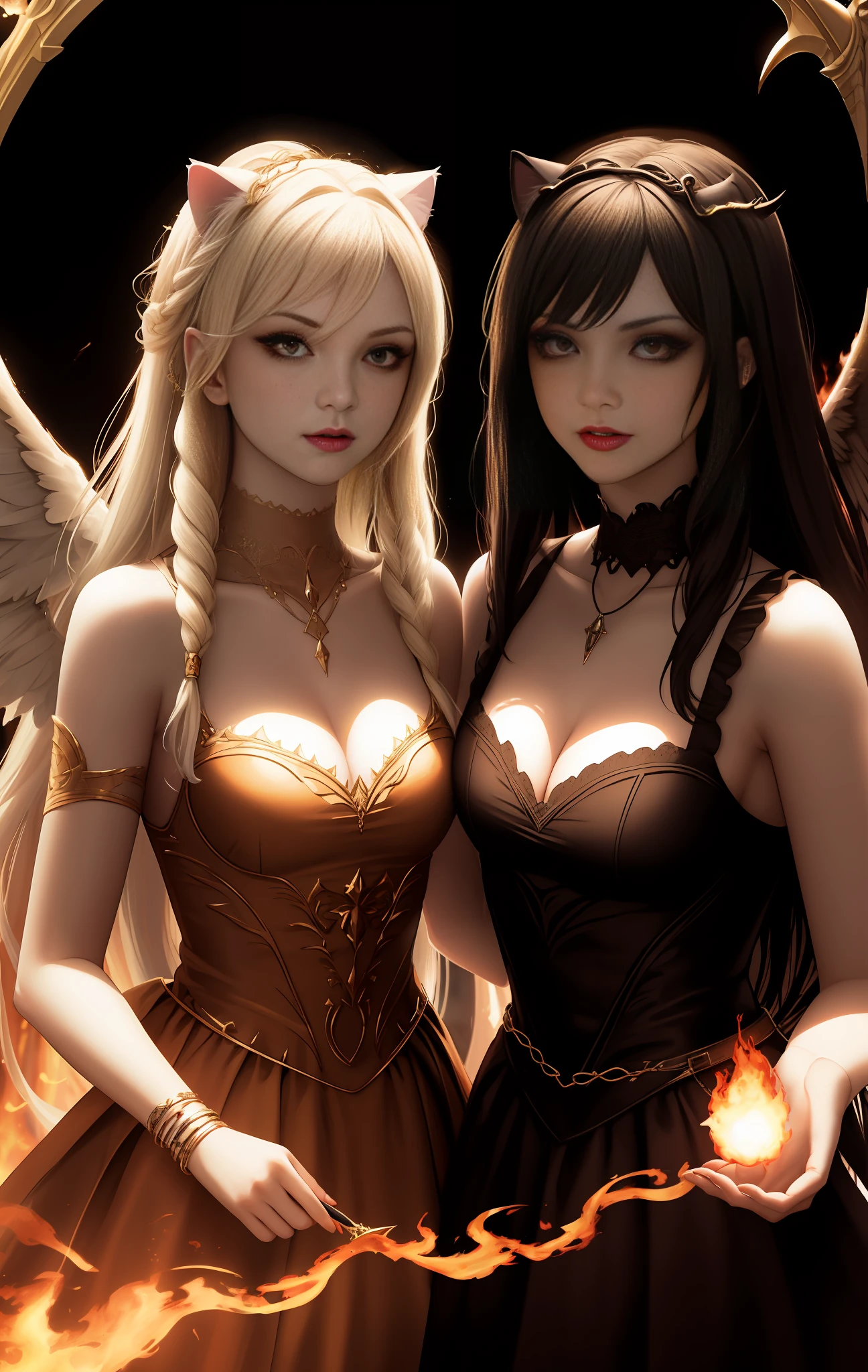 very best quality，​masterpiece，Vampires，Burning eyes，Visible vampire teeth，A high resolution，twins，2girls，an angel，devils，Wings，Porcelain dress，hair adornments，a choker，jewelries，beauitful face，s whole body，Tindal effect，realisticlying, Dark Studio, edge lit, dual-tone illumination,(highdetailskin:1.2), 8K  UHD, Digital SLR, softlighting, hightquality, Volumetriclighting, Candid camera, The photograph, A high resolution, 4K, 8K, Background bokeh, feline face，Fire magic，casting spells，Fire dragons fly，Fireball on the palm