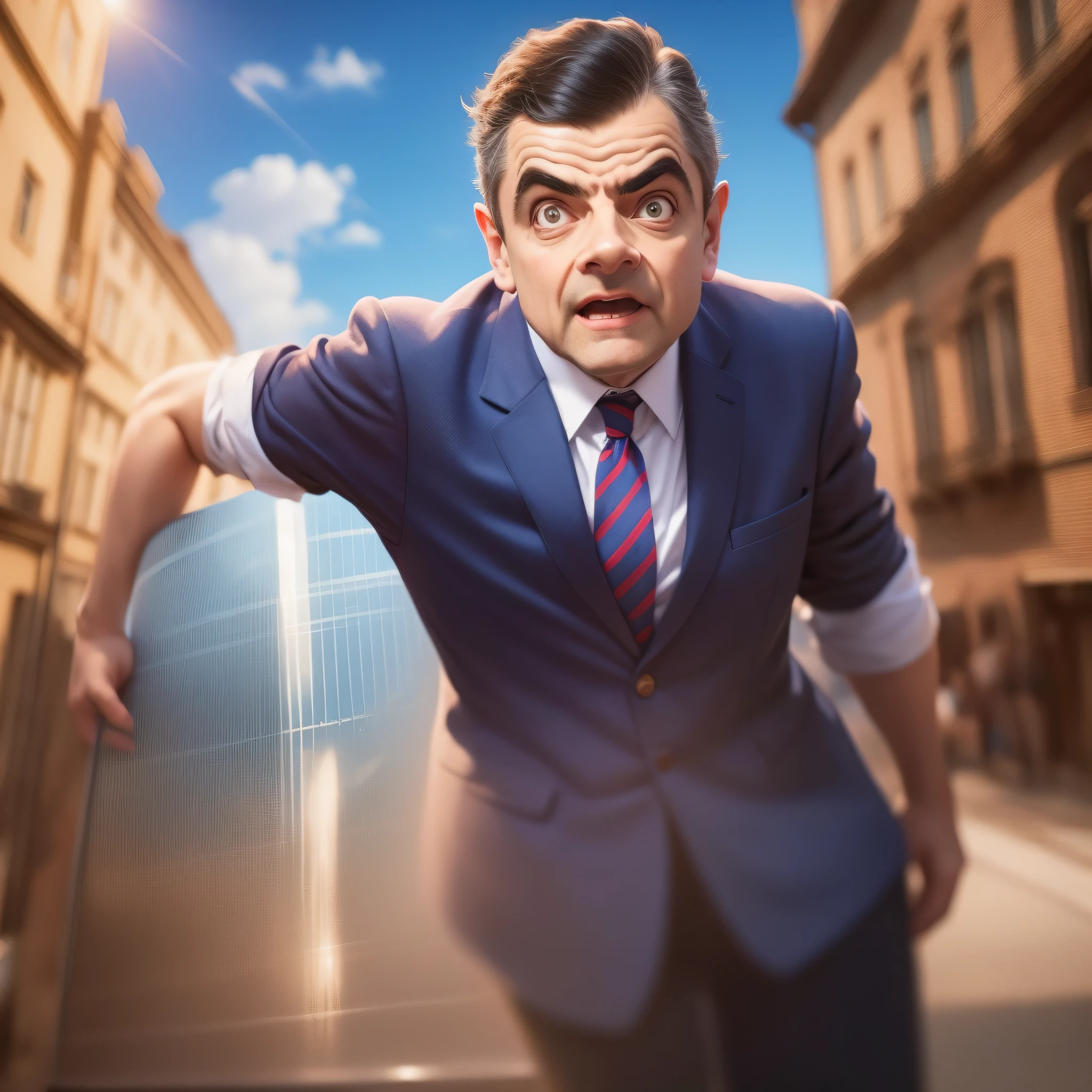 Uma foto do Mr bean, ator Rowan Atkinson usando o traje do superman, ele esta voando pela cidade, A perfect sky.