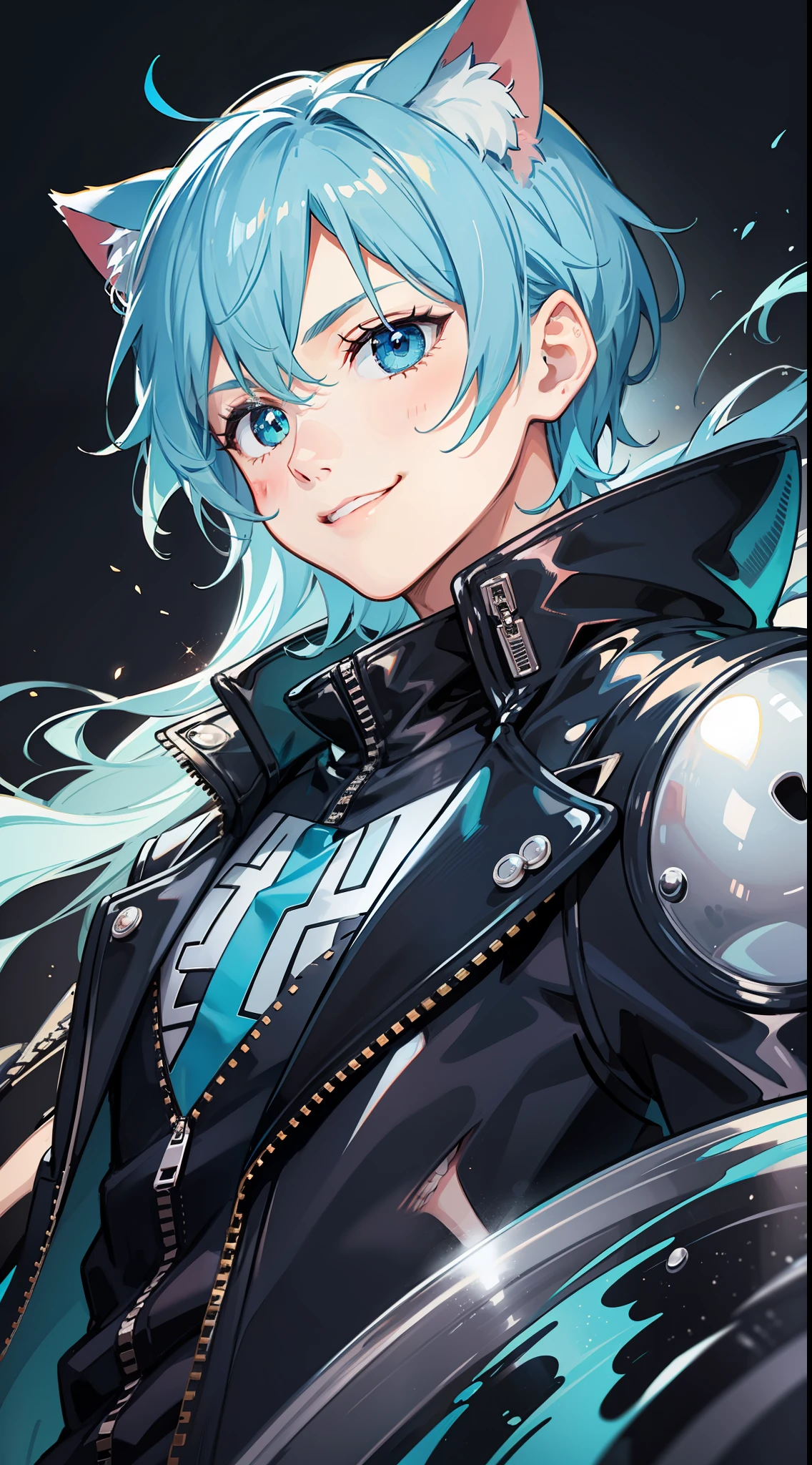 Young guy, Short dark blue hair, Cyan eyes, cat ears, leather jacket, a smile, Ghost Rider, Masterpiece, highly quality
