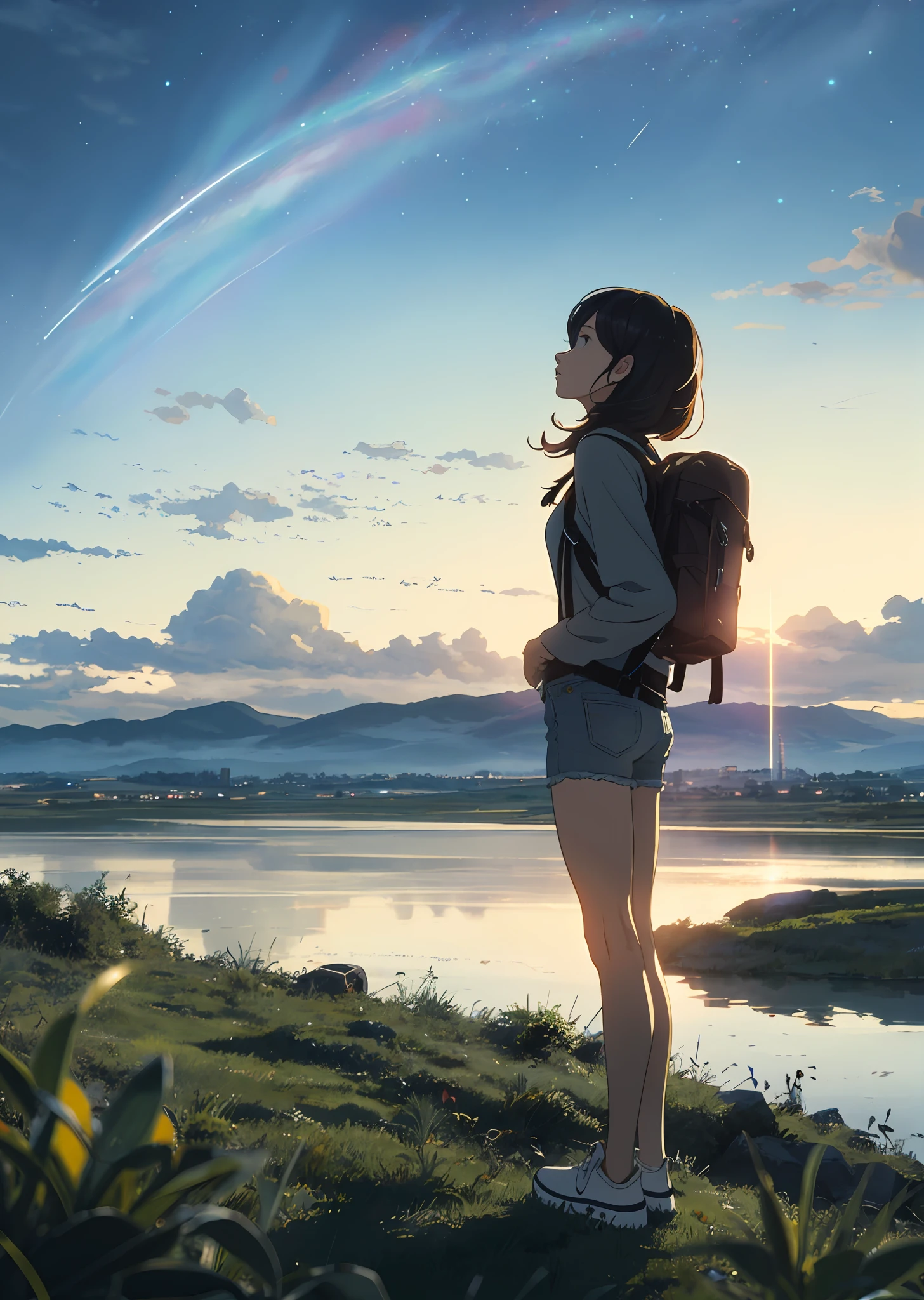 The vast sky, beautiful skyline, large grasslands, extremely tense and dramatic pictures, moving visual effects, the high-hanging Polaris, and colorful natural light. A long-sleeved top, denim shorts, and a girl with a backpack.