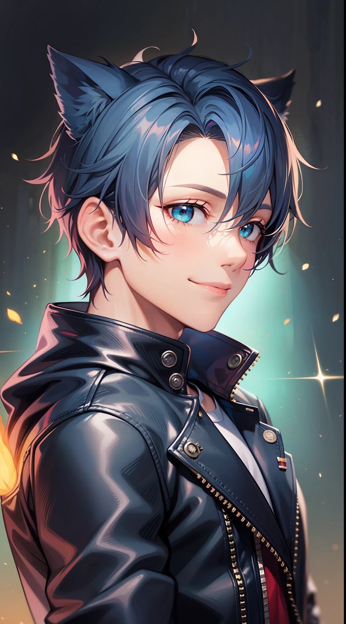 Young guy, Short dark blue hair, Cyan eyes, cat ears, leather jacket, a smile, Ghost Rider, Masterpiece, highly quality